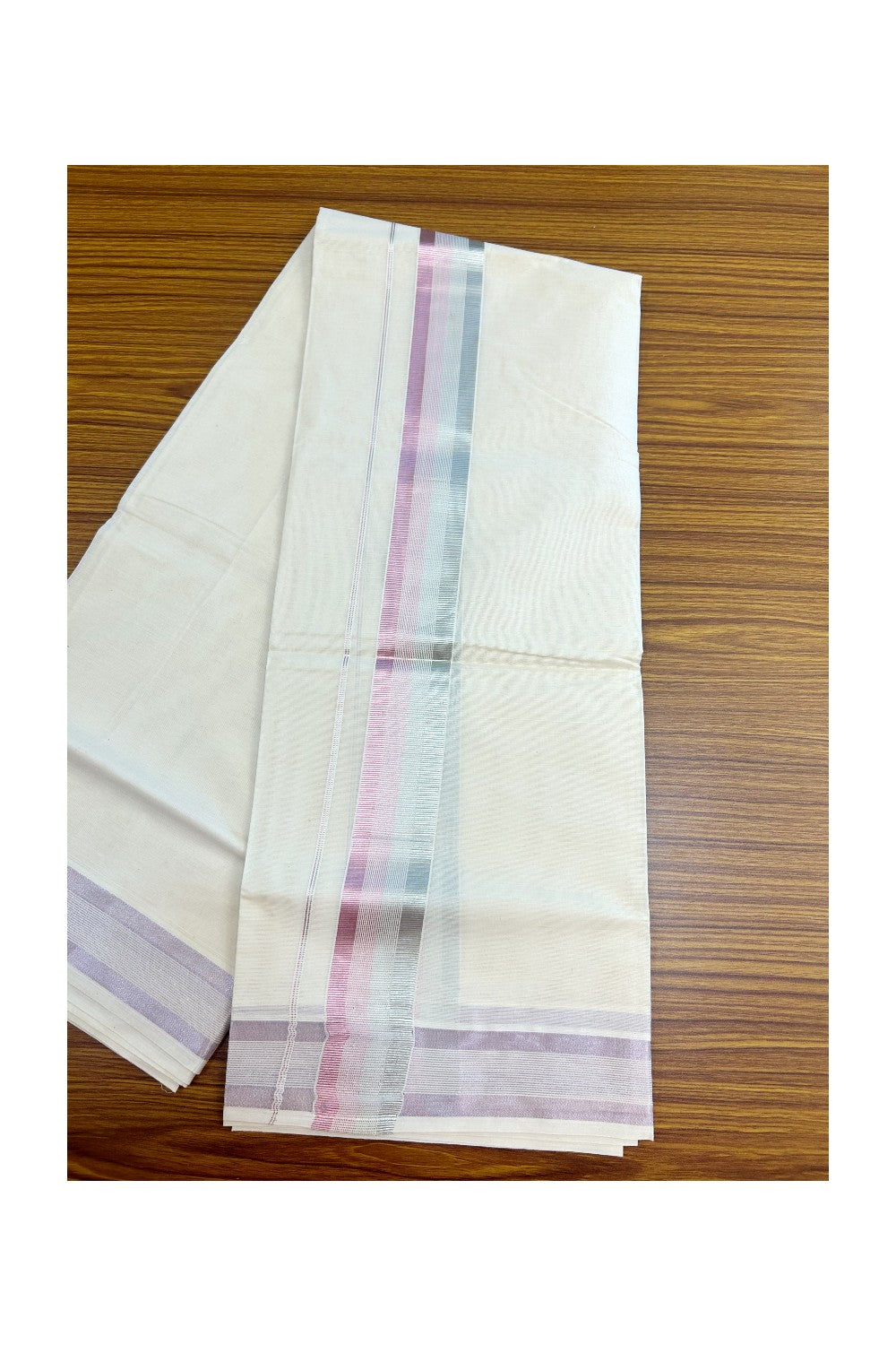 20% DISCOUNT!! KaithariKada Balaramapuram Pure Cotton DOUBLE OFF WHITE - (Ubleached) Mundu/Dhoti - 80x72 - 2 inch ROSE PINK SILVER Stripes Kara - 13KK5171GAN