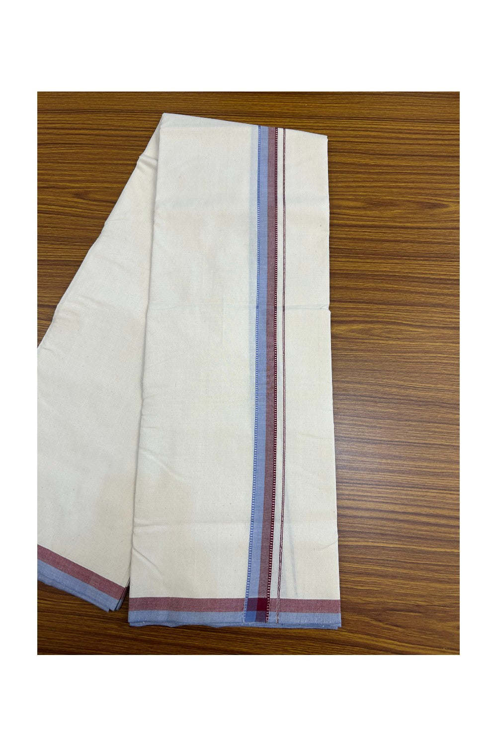 30%DISCOUNT!! SIGNATURE KAITHARIKADA EXCLUSIVE SINGLE DHOTI - 100% Cotton Balaramapuram HANDLOOM Single Mundu/Dhoti - Off White - (Unbleached) 1 inch Maroon Lavender & Silver Kasavu Kara (2 meter / 4 muzham)- 13KK5173KAI