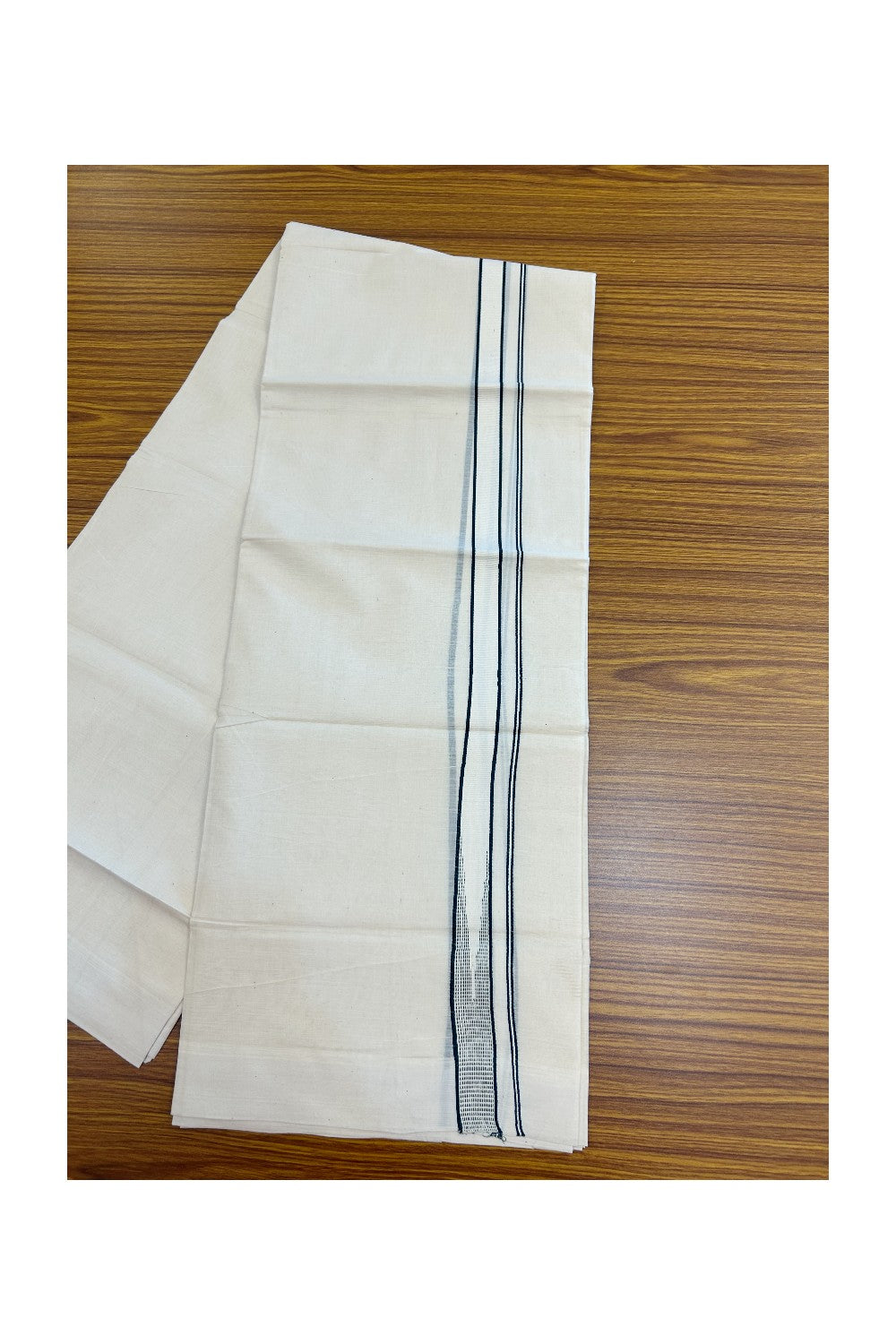 20% Discount ! Kaitharikada Balaramapuram 100% Cotton Double Off white (Unbleached) Mundu/Dhoti - 100x80 - 0.75 inch Dark Green Stripes Chutty Kara - 13KK5186CKS