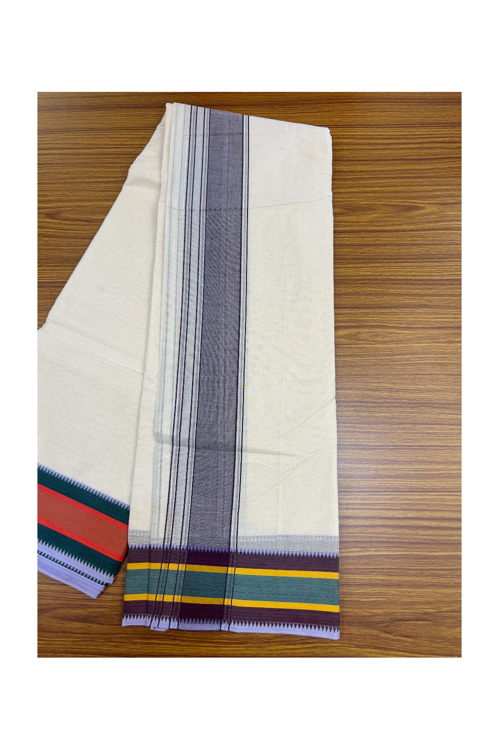 Panchakacham Dhoti - 20% Discount! KaithariKada 100% Cotton Off White - (Unbleached) - Pure Cotton - 100x100 thread - North Indian - Attached Gamcha 9X5 Dhoti Violet kara with Red Green & Brown Striped border - 13KK5196PMC