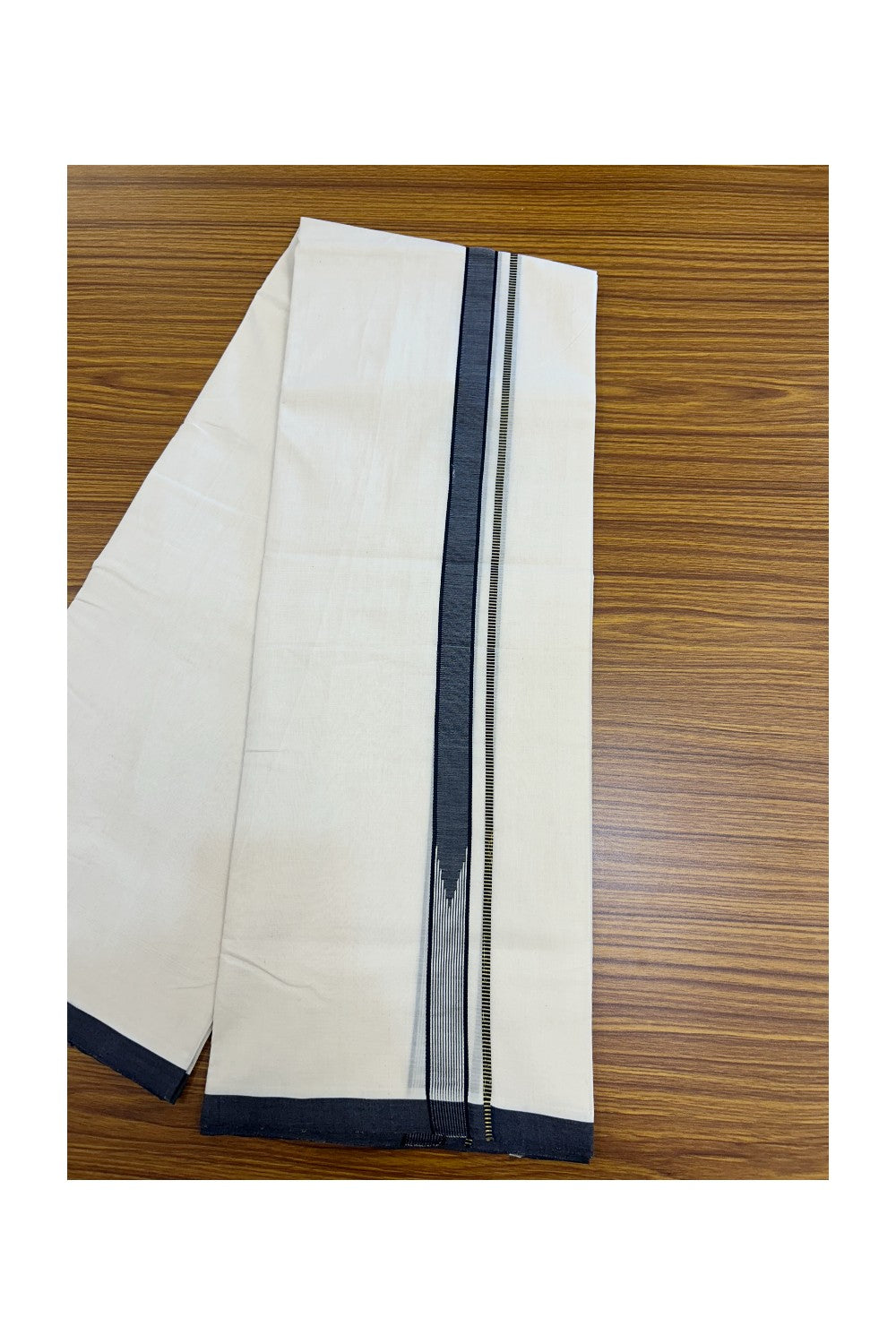 25% DISCOUNT!! KaithariKada HANDLOOM UNAKKUPAAV Balaramapuram - 100% PURE Cotton OFF White - (Unbleached) Double Mundu/Dothi - 80X100 - 1 inch Gold Kasavu Puliyilakkara Navy blue & White striped chutty 3.80 meter (8.5 Muzham) - 13KK5209 REA
