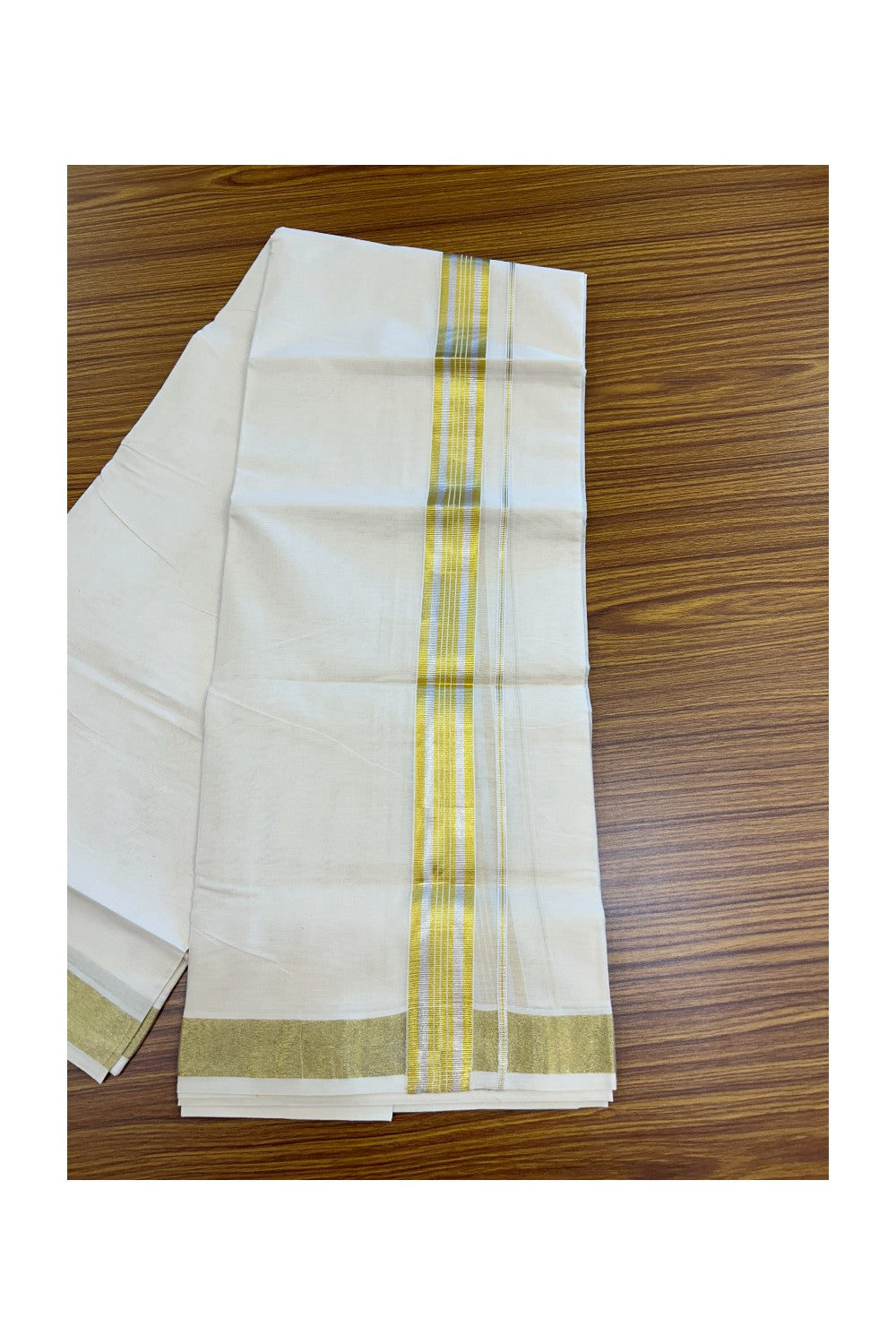 20% DISCOUNT ! KaithariKada Balaramapuram - 100% PURE Cotton Off White - (Unbleached) Double Mundu/Dhoti - 100X80 - 1.5 inch Gold Kasavu & Silver Kasavu Striped Kara - 13KK5212 VIN