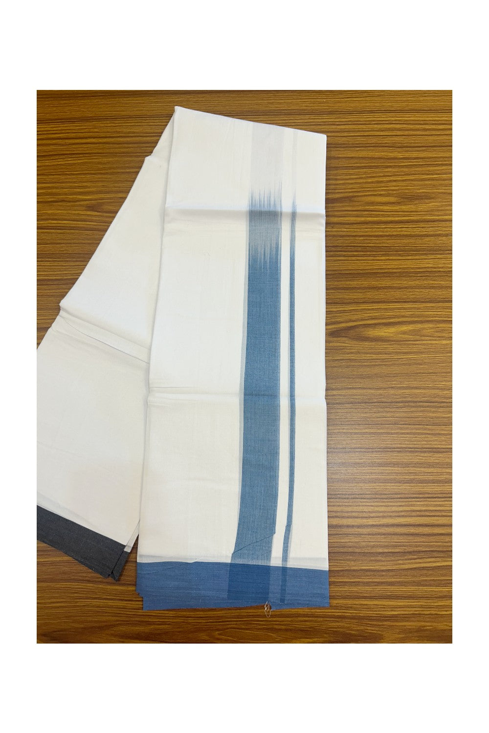 20% Discount!!! KaithariKada Balaramapuram Double PURE WHITE RAINBOW Mundu/Dhoti - 100X80 - 1.75 inch Navy Blue & Light Blue Striped Designer Kara - 13KK5220 THI