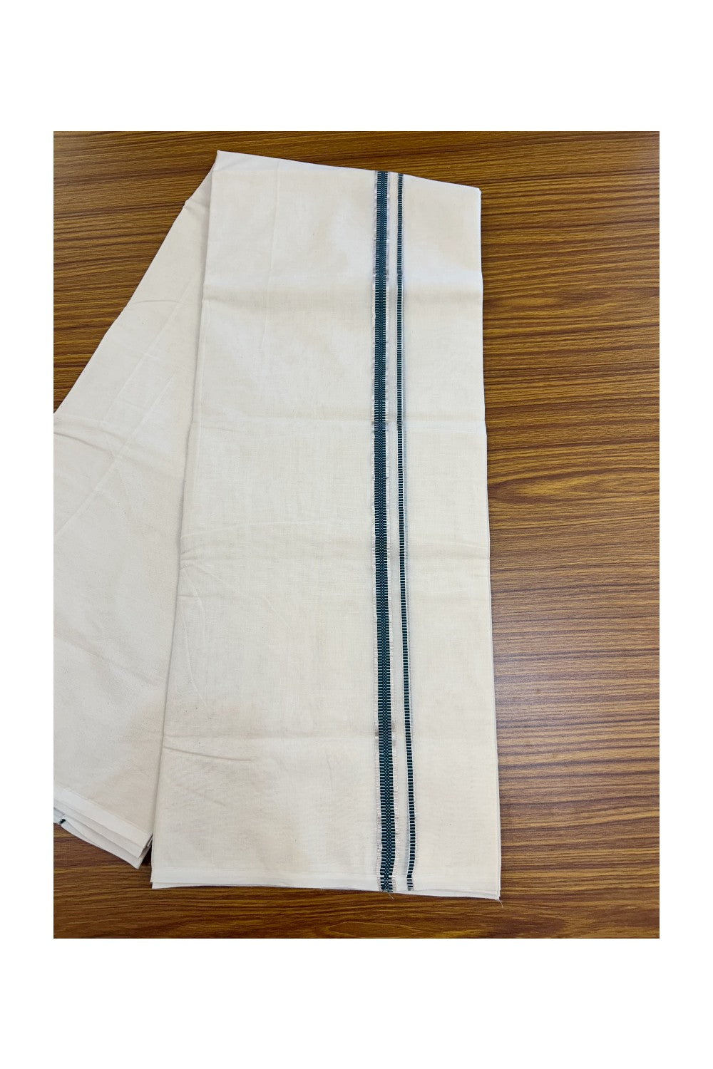 20% Discount KaithariKada Balaramapuram 100% Cotton Double Off white - (Unbleached) - Mundu/Dhoti - 100x100 - 1.5 cm Silver Kasav & Green Design Kara - 13KK5226 ASH