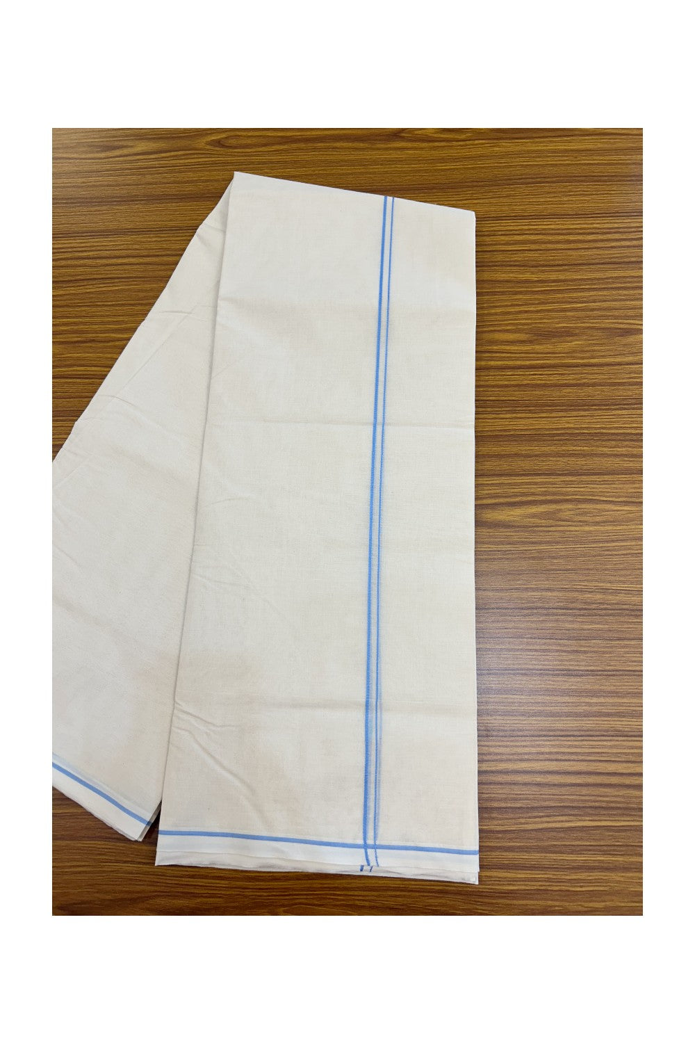 20% DISCOUNT! KaithariKada Balaramapuram 100% Cotton Double Off white - (Unbleached) - Mundu/Dhoti-100x100 - 0.3 cm Light Blue Thin Kara - 13KK5228 ASH