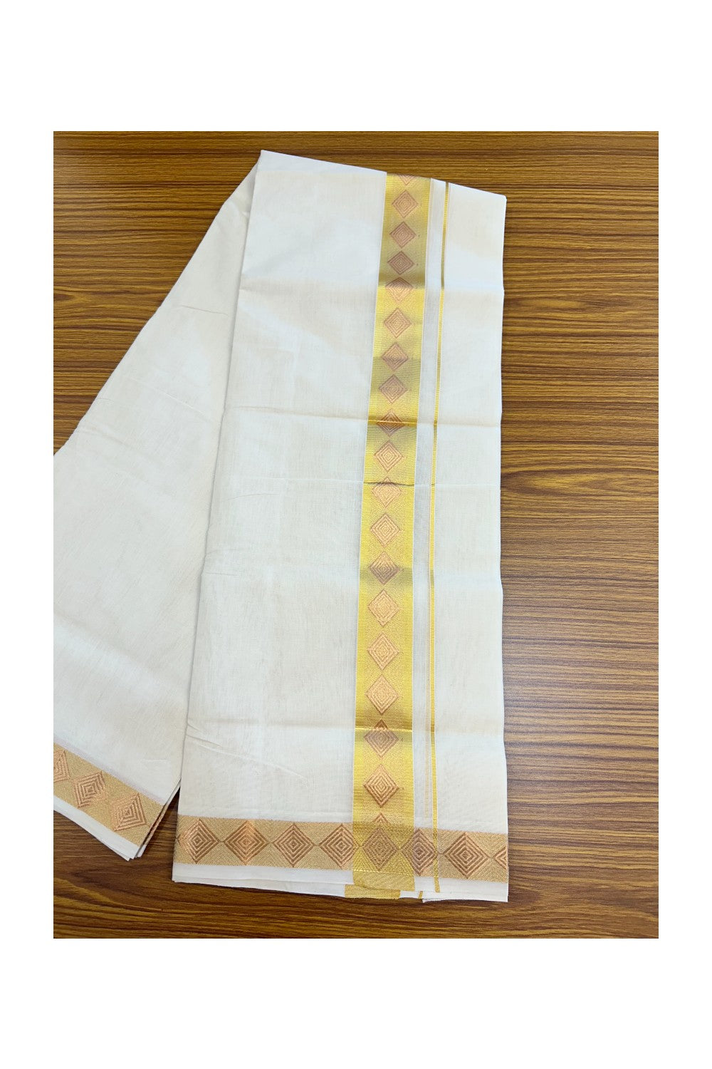25% DISCOUNT ! KaithariKada HANDLOOM Unakkupaav Balaramapuram - 100% PURE Cotton OFF WHITE - (Unbleached) Double Mundu/Dhoti - 80x90 - 1.75 inch Gold Kasavu & Copper Jacquard Design Kara 4 mtr (8.5 Muzham) - 12KK5231 ABH