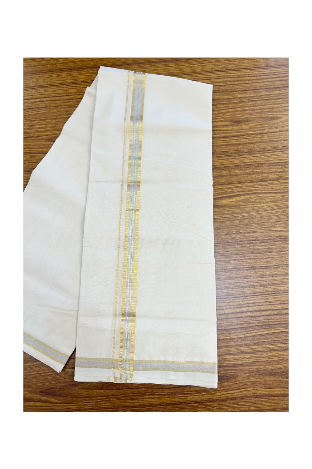 25% DISCOUNT ! KaithariKada HANDLOOM MILLPAAV Balaramapuram - 100% PURE Cotton Off White - (Unbleached) Double Mundu/Dhoti - 80X90 - 1 inch Gold Kasavu & Silver Kasavu Stripes Kara 4 mtr (8.5 muzham)- 13KK5234 RAM
