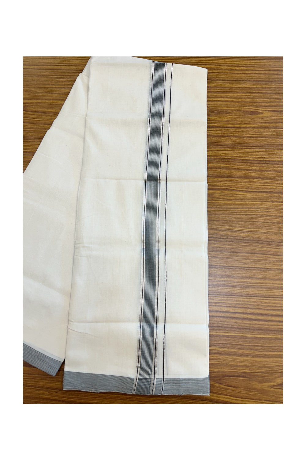 25% Discount!!! KaithariKada HANDLOOM UNAKKUPAAV Balaramapuram - 100% PURE Cotton OFF WHITE (Unbleached) Double Mundu/Dhoti - 80x90 - 1.25 inch Silver kasavu Black & White stripes kara 4 Mtr (8.5 Muzham) - 13KK5235 YAR