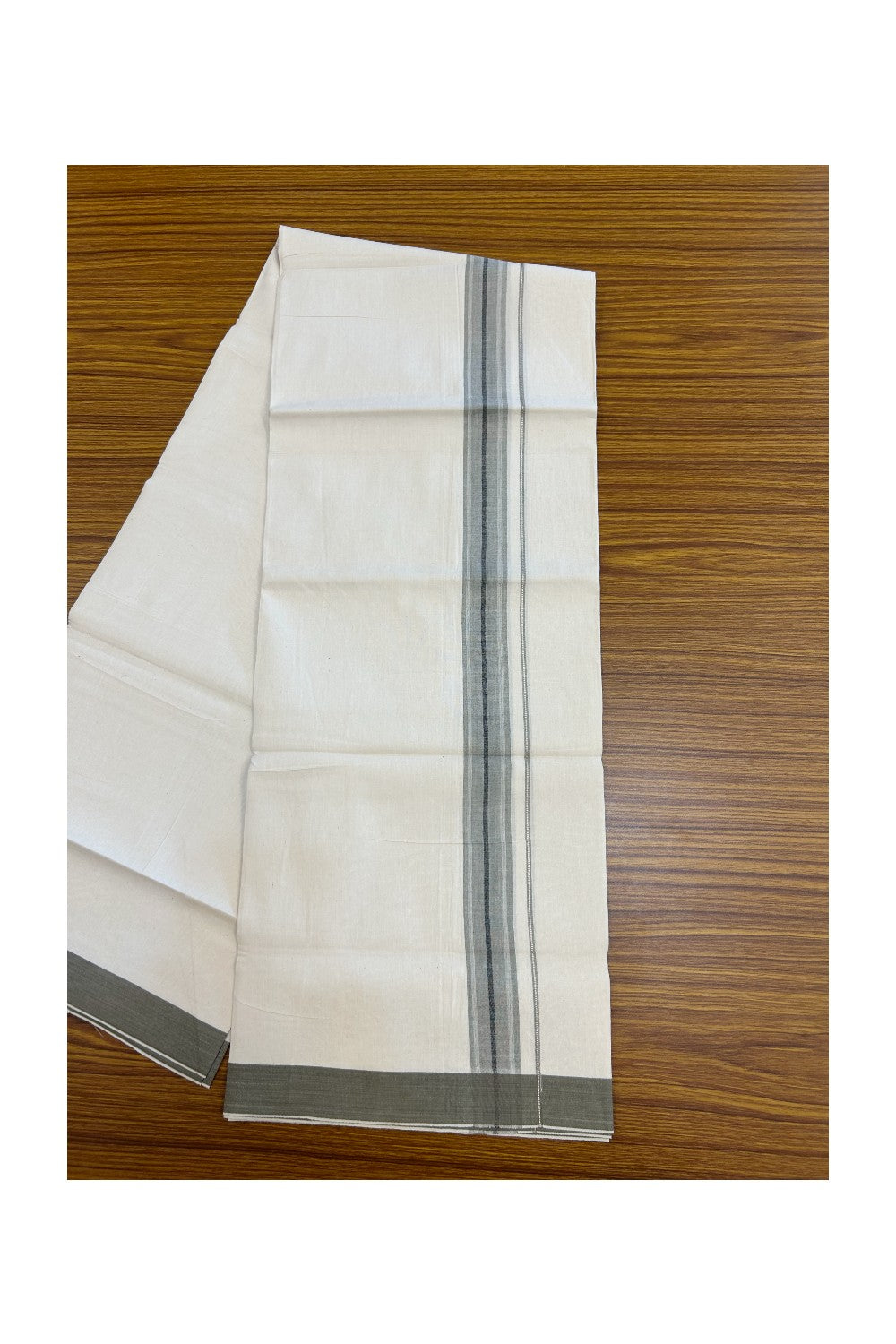 24% Discount !! KaithariKada Balaramapuram 100% Cotton OFF WHITE (Unbleached) Single Mundu/Dhoti - Twisted 60s Thread - 1.25 inch Silver kasavu Dark Greyish brown shaded Black striped Kara (2 meter / 4 muzham) - 43KK5241 GL