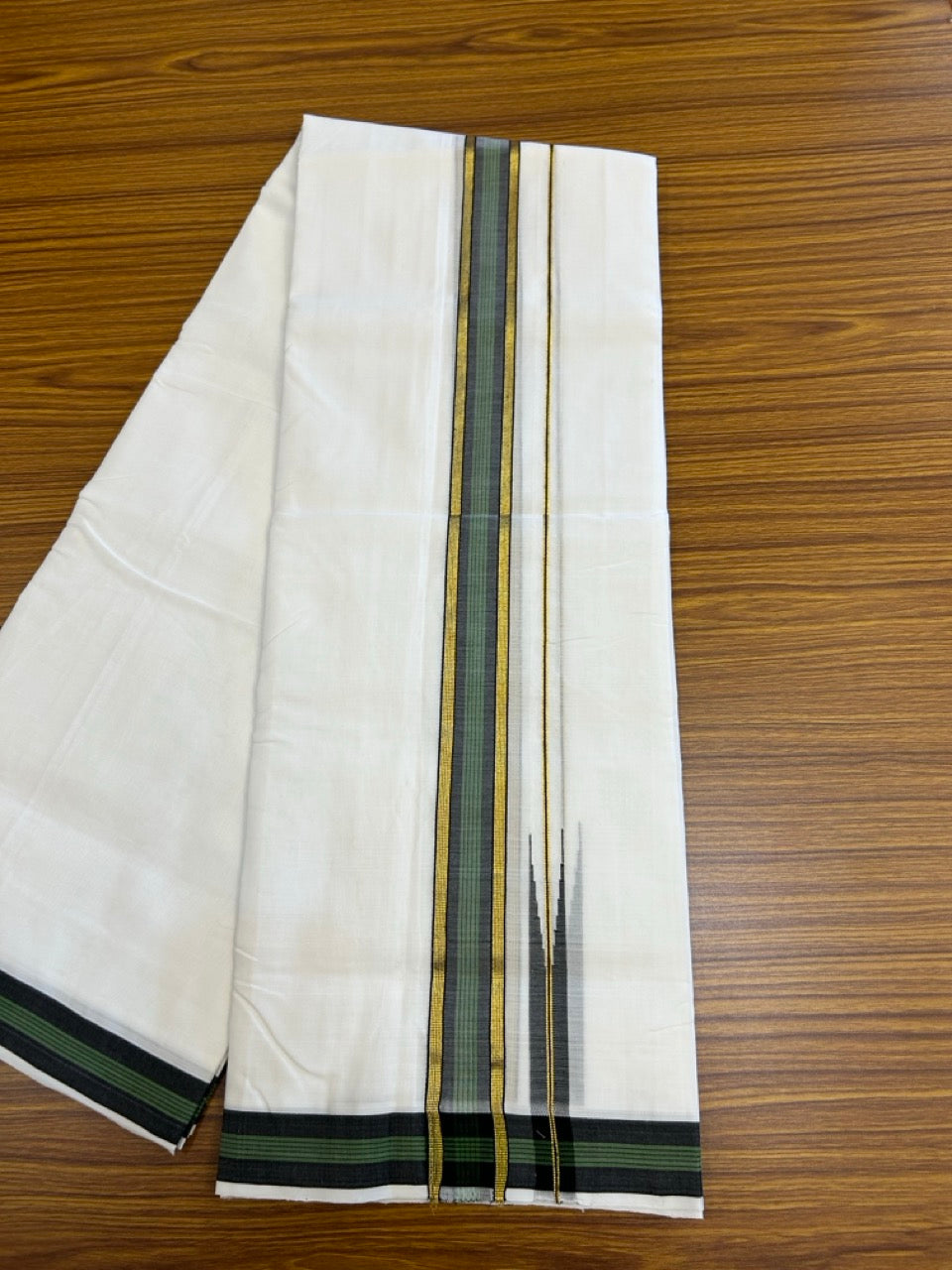 25% Discount!! NEW ULTRA PURE WHITE THREAD HANDLOOM Balaramapuram - 100% MERCERISED Cotton Double Mundu/Dhoti - 120 twisted warp x 80s weft - Green Black Stripes Gold Kasav Chutty Kara- 13KK5248 REA