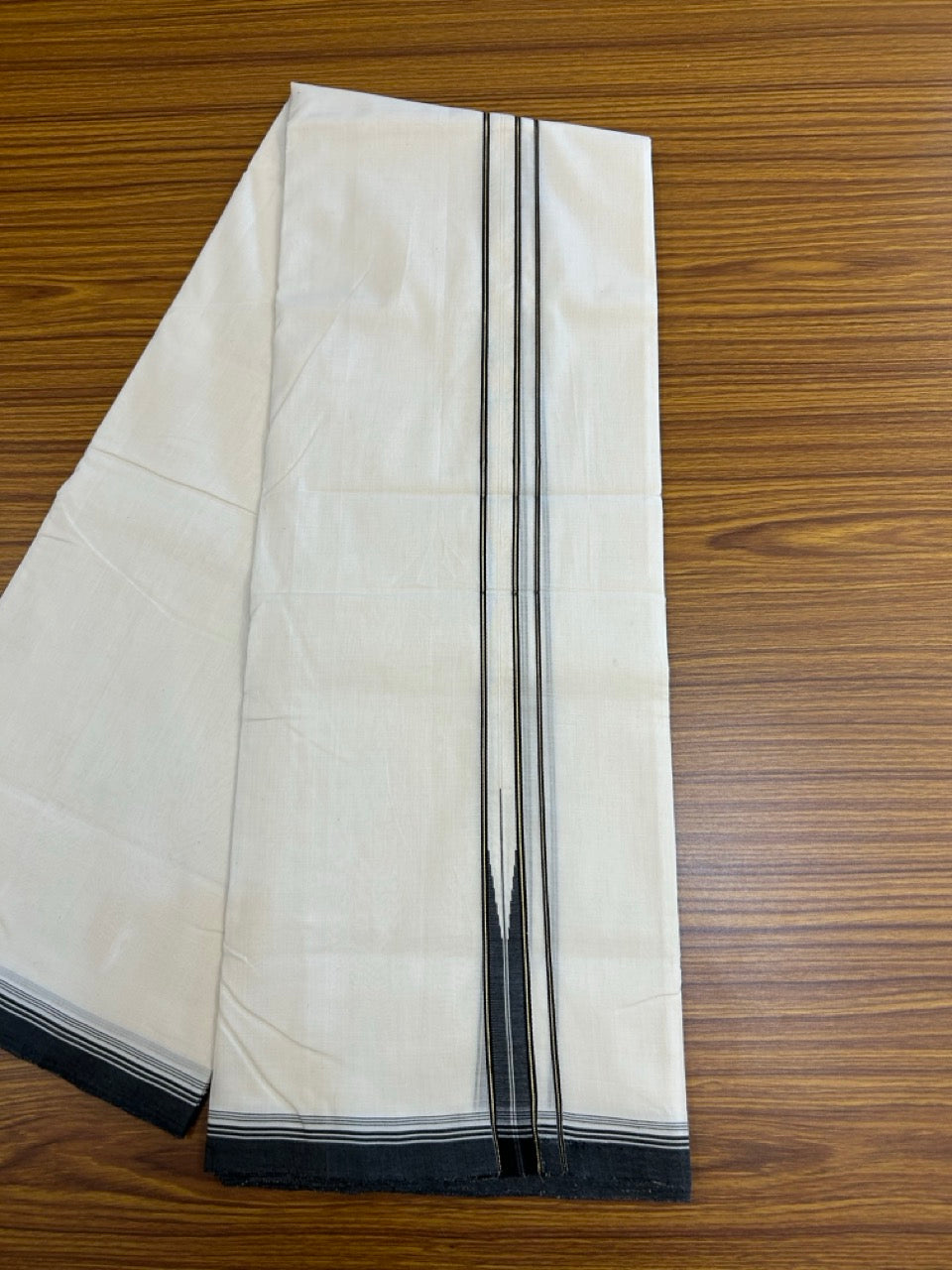 25% DISCOUNT!! KaithariKada HANDLOOM UNAKKUPAAV Balaramapuram - 100% PURE Cotton OFF White - (Unbleached) Double Mundu/Dothi - 100 x 80 - Black White Chutty Kara PURE JERRY - 3.85meter - 13 KK5249 REA