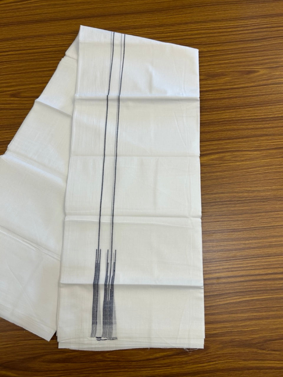 20% DISCOUNT!! NEW!! KaithariKada Balaramapuram 100% Cotton PURE WHITE Double Mundu/Dhoti - (100x80)s - 0.75 inch Dark Navy Blue Line chutty - 13 KK5249 VIN