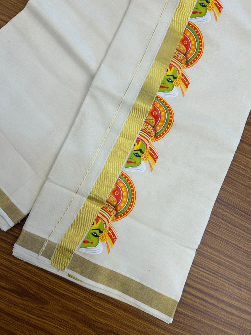 25% Discount!! KaithariKada Balaramapuram Mixed Cotton Double Off white - (Ubleached) Mundu/Dhoti - 80x72 - 1 inch Kasavu & Kathakali Printed Design Kara - 13 KK5262 MUT