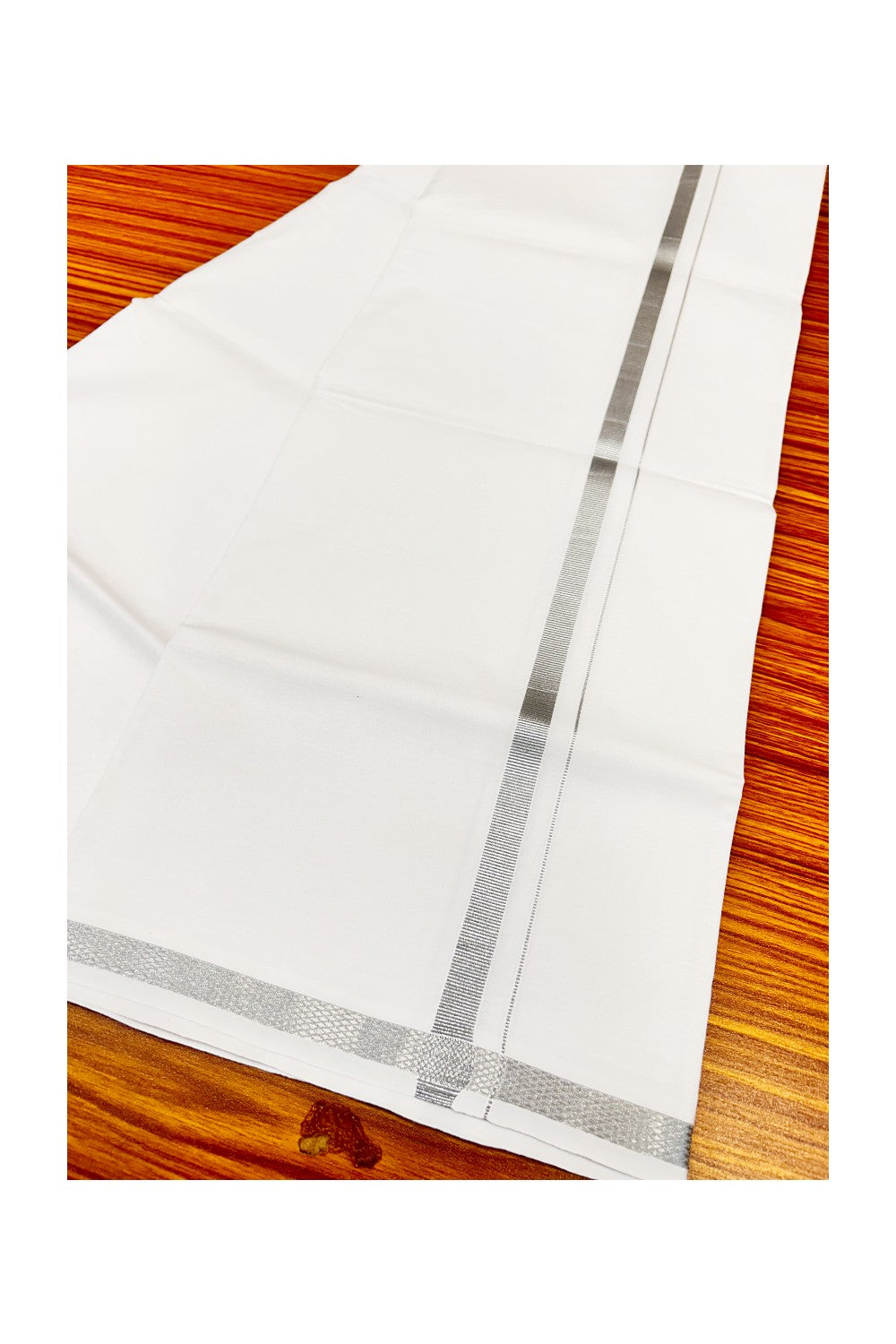 15% OFFER!! KaithariKada 100% Cotton PURE WHITE SINGLE Mundu/Dhoti-40X40- 2.15cm (2 meter / 4 muzham) SILVER KASAVU Zazri Kara- 13sar