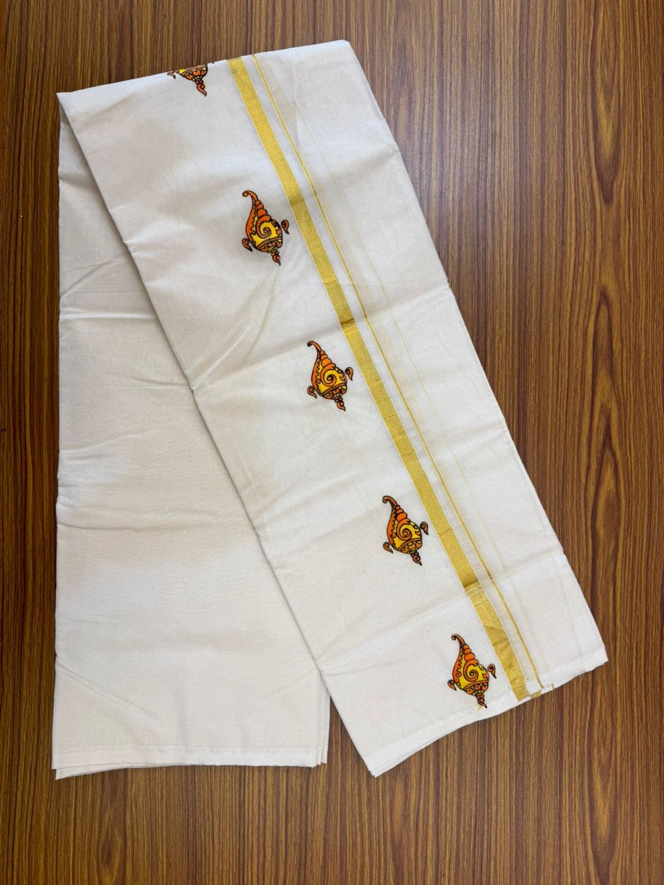 KaithariKada Balaramapuram 100% Cotton Double Off white - (Unbleached) Mundu/Dhoti-100x80 - 0.5 inch Hand Painted Gold Kasav Orange & Yellow Mural Design Kara 3.75 mtr (8 muzham) - 8 KK5244 ASH