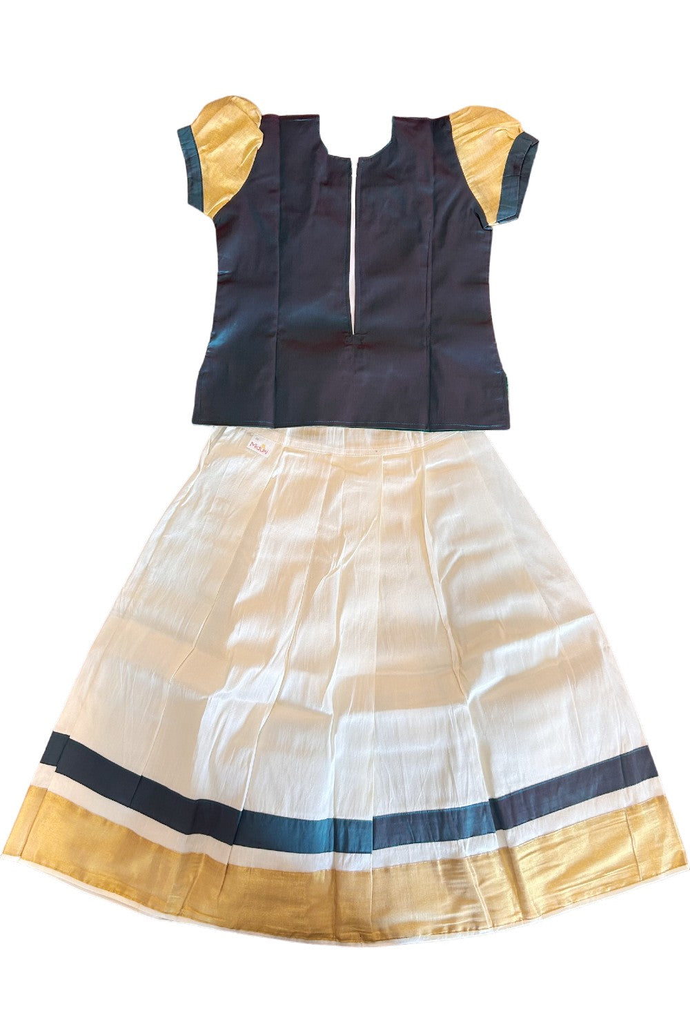 Midukki-Traditional South Indian Kids Pattu Pavada- Dark green top offwhite skirt with kasavu- Age 7 - KK7MID0013