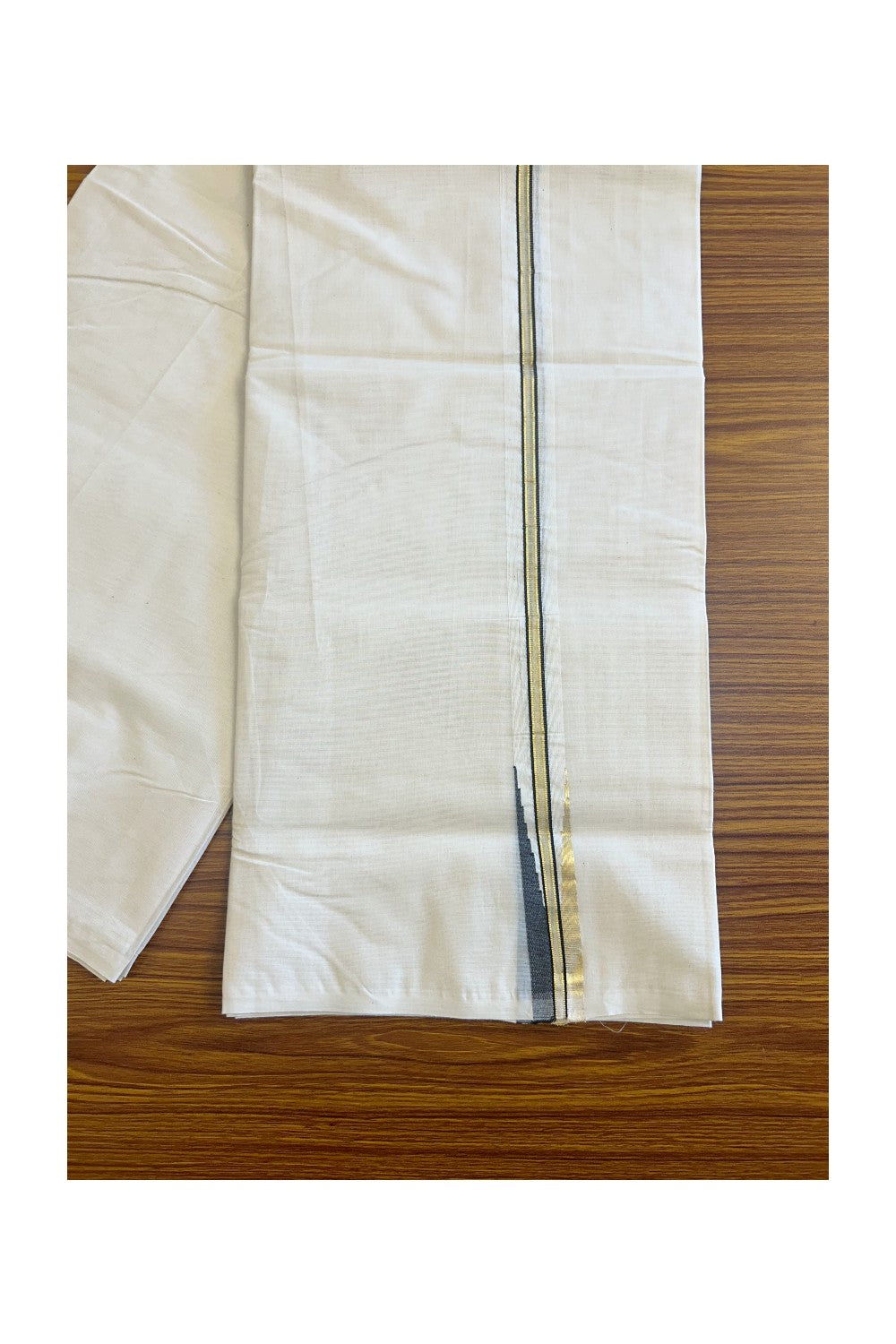 21% DISCOUNT! KaithariKada Balaramapuram 100% Cotton Double Off white - (Unbleached) Mundu/Dhoti-100x100 KASAVU & BLACK Chutty Puliyilakkara - 13KK136ASH