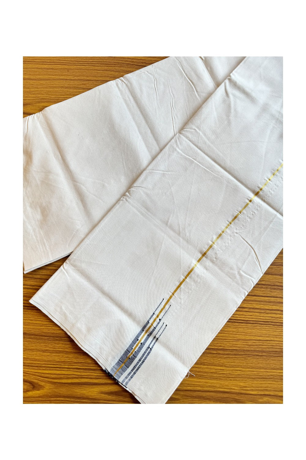 28% DISCOUNT ! KaithariKada Balaramapuram 100% COTTON SINGLE OFF WHITE - (Unbleached) Mundu/Dhoti-100X100- 0.25 cm double Dark Blue Chutty (2 meter / 4 muzham) - 13KK400ASH
