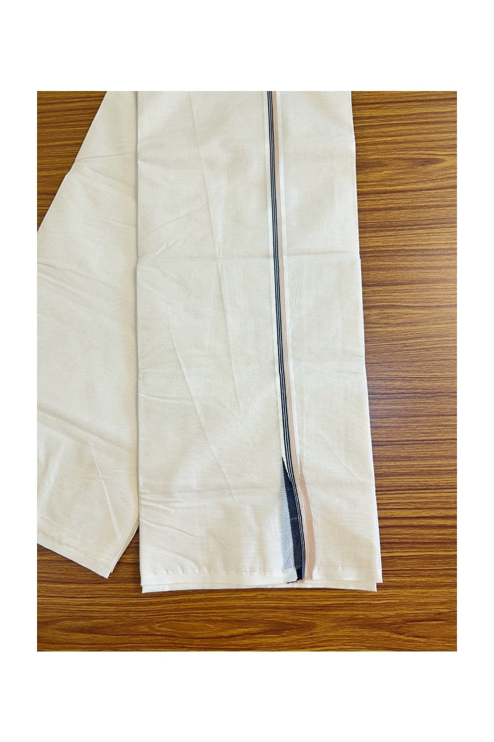 25% Discount! KaithariKada 100% Cotton Off White (Unbleached) Double Dhoti/Mundu- 2cm Black & Cream stripes Puliyilakkara Chutty- 17KK455ASH