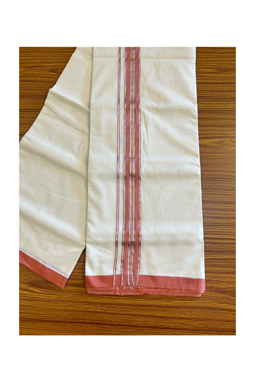 30% Discount!!! KaithariKada HANDLOOM UNAKKUPAAV Balaramapuram - 100% PURE Cotton off white (Unbleached) Double Mundu/Dhoti - 2 inch Brick red & silver kasavu pattern kara - 13KK458SOM