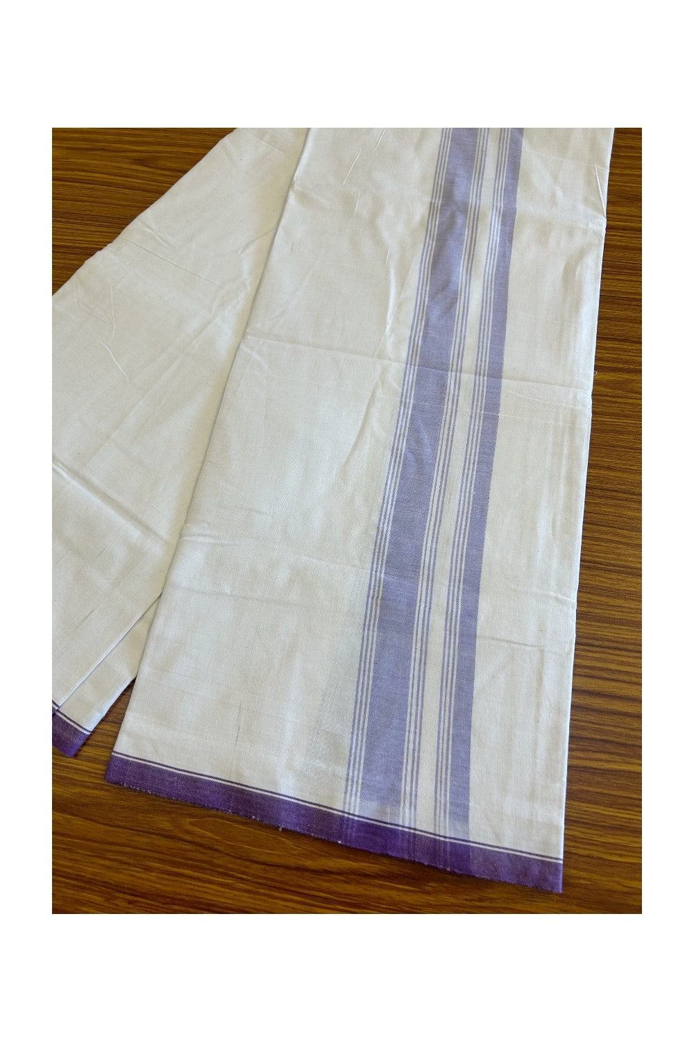 Kerala Handloom - Signature Kaitharikada - 25% Discount! - Government Sealed Hallmarked -100% Pure Cotton ! (80x80) Twisted Thread- Light White Single Mundu / Dhoti - 2.75 inch Violet Striped Kara - 13KK478KAL