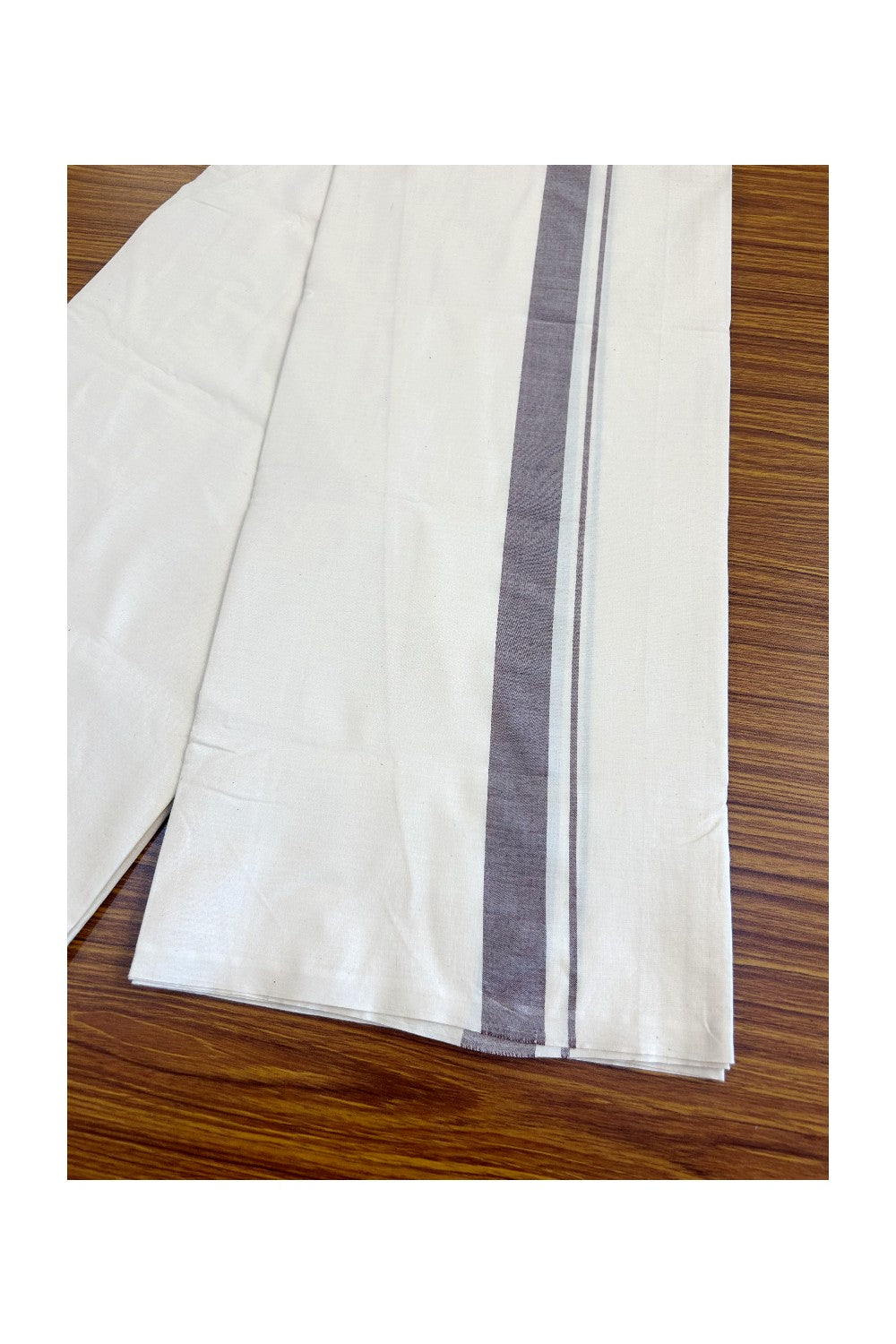 14% DISCOUNT ! KaithariKada Balaramapuram 100% COTTON SINGLE OFF WHITE - (Unbleached) Mundu/Dhoti-Twisted 100s Thread- 1.5 inch Brown Kara (2 meter / 4 muzham) - 13KK497ASH