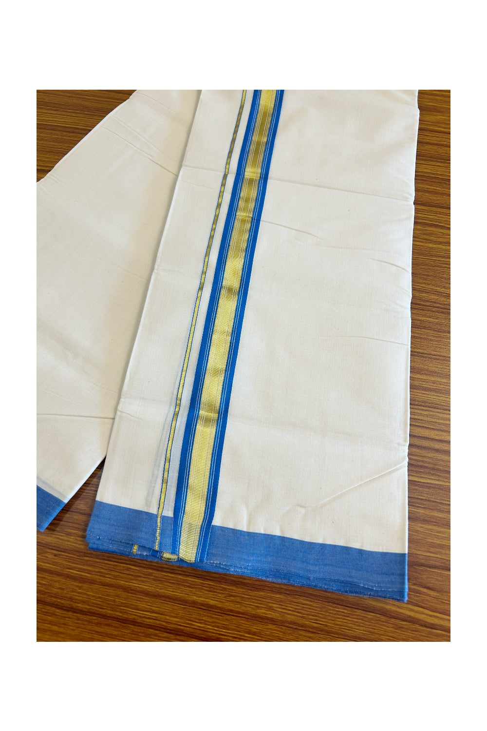 25% Discount KaithariKada Balaramapuram Handloom 100% Cotton Double Off white - (Unbleached) Mundu/Dhoti-100X100- 2 inch Gold Kasavu & Blue Kara.- 13KK498KK