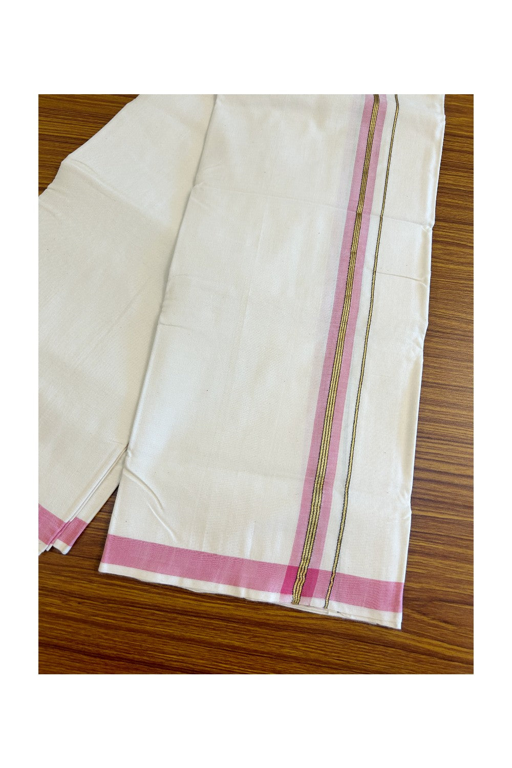 25% Discount KaithariKada 100% Cotton Balaramapuram HANDLOOM Single Mundu/Dhoti - Off White - (Unbleached) 1.5 inch Kasavu & Pink Striped Kara (2 meter / 4 muzham) - 13KK499KK