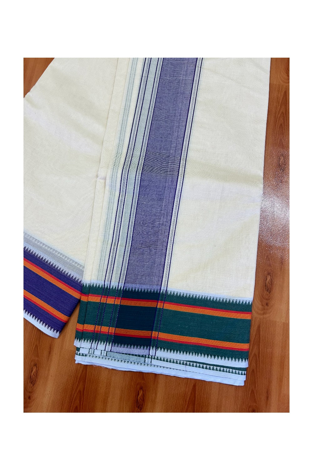 Panchakacham Dhoti - 37% Discount! KaithariKada 100% Cotton Off White (Unbleached) - Pure Cotton - 100x100 thread - North Indian Attached Gamcha 10x6 Dhoti Violet kara with Violet Green & Orange Striped border - 13KK5004PMC
