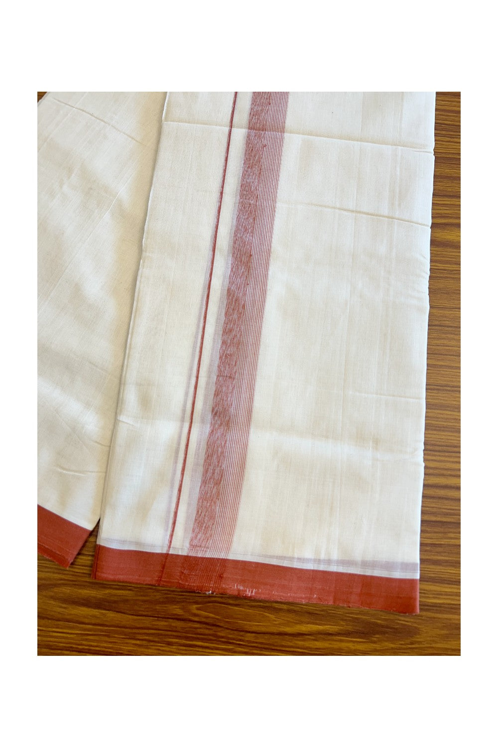 30% Discount KaithariKada HANDLOOM UNAKKUPAAV Balaramapuram - 100% PURE Cotton off White (Unbleached) Double Mundu/Dhoti - 2 inch Brick red Shaded stripes kara - 114
