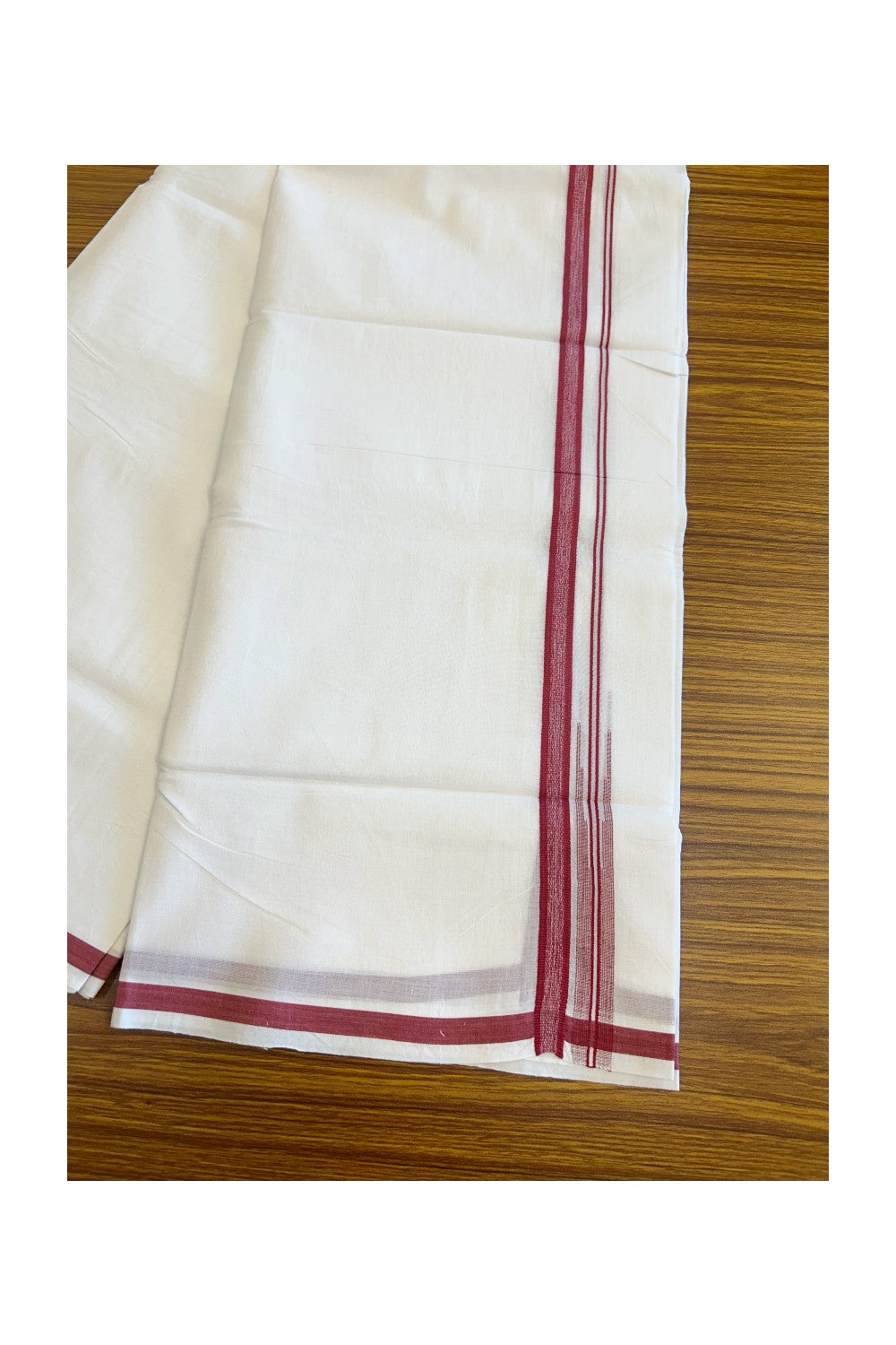 18% DISCOUNT! KaithariKada Balaramapuram 100% Cotton PURE WHITE Double Mundu/Dhoti-100x92 1.5cm Puliyilakkara Chutty Shaded Magenta Kara-114