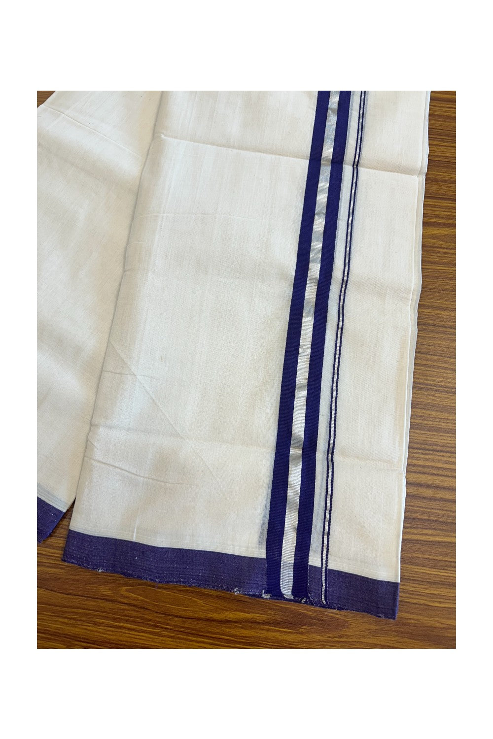 25% DISCOUNT! KaithariKada BALARAMAPURAM HANDLOOM UNAKKUPAAV - 100% PURE Cotton off white (Unbleached) Double Mundu/Dhoti - 1.75 inch Silver Kasavu & Violet+Blue Stripes Kara-67
