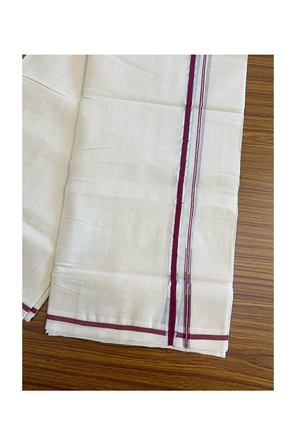18% Discount!! KaithariKada Handloom Millpaav Balaramapuram - 100% Pure Cotton Off White (Unbleached) - 100x100 Double Mundu/Dhoti - Puliyilakkara Chutty Silver Kasavu Maroon Kara - 10KK114ASH