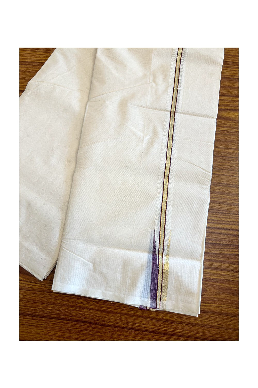 21% DISCOUNT! KaithariKada Balaramapuram 100% Cotton Double Off white - (Unbleached) Mundu/Dhoti-100x100 KASAVU & DARK PURPLE Chutty Puliyilakkara - 3KK136ASH