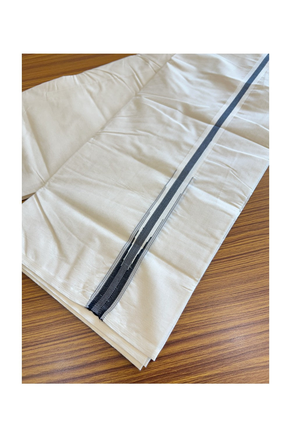 SHORT DHOTI SPECIAL! Kaitharikada.com - 19% Discount! Balaramapuram Double Off white - (Unbleached) Mundu/Dhoti - 100X100 - 1 inch Kara & 45 inches Height  Puliyilakkara Dark Ash & Black Striped Chutty Kara - 12KK5120ASH