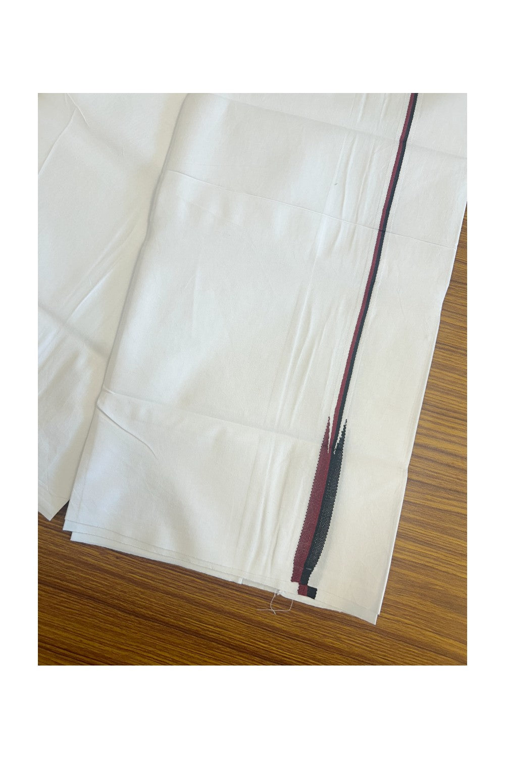 DMK Veshti - KaithariKada Balaramapuram 100% COTTON SINGLE PURE WHITE Mundu/Dhoti-100X100 - 0.5 Inch Puliyilakkara Maroon & Black Chutty (2 meter / 4 muzham) - 11KK5127ASH