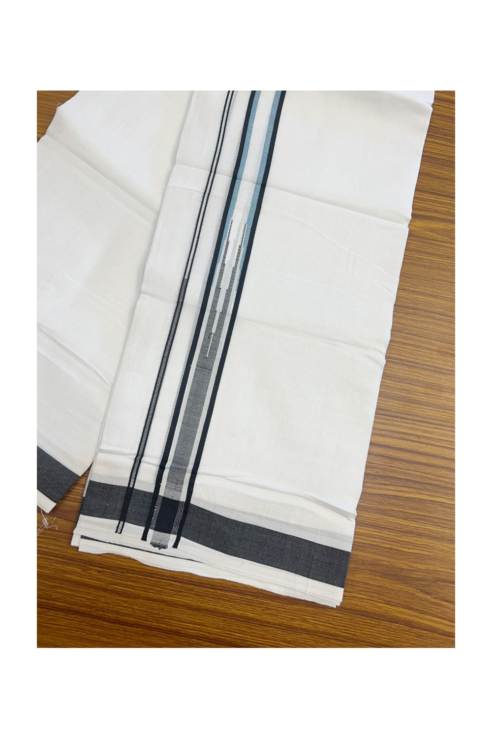25% DISCOUNT! KaithariKada Balaramapuram 100% Mercerised Cotton Double ULTRA PURE white Mundu/Dhoti - 120x120 - 1 inch Heavy Chutty Black & Light Blue Green Shaded Kara -13KK5139THI