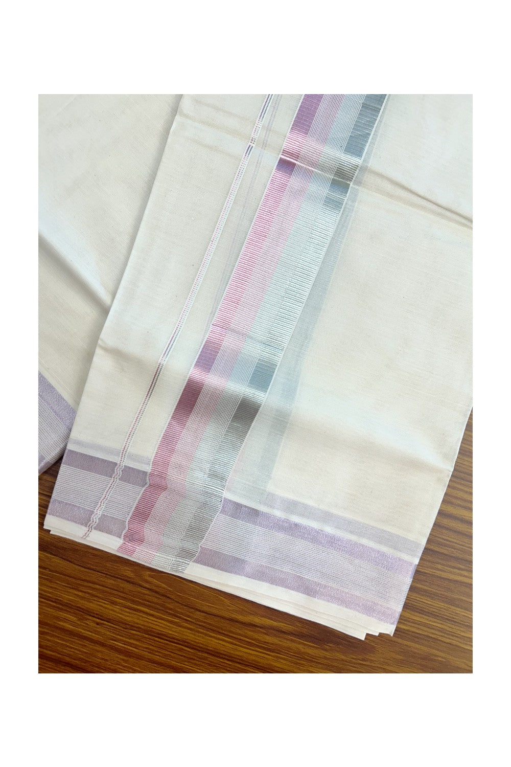 20% DISCOUNT!! KaithariKada Balaramapuram Pure Cotton DOUBLE OFF WHITE - (Ubleached) Mundu/Dhoti - 80x72 - 2 inch ROSE PINK SILVER Stripes Kara - 13KK5171GAN