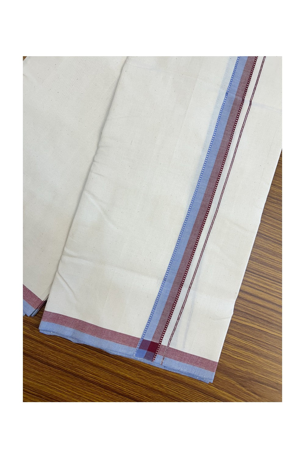 25%Discount!! Signature Kaitharikada Exclusive Single Dhoti - 100% Cotton Kerala Handloom Single Mundu/Dhoti - Off White - (Unbleached) 1 inch Maroon Lavender & Silver Kasav Kara (2 meter / 4 muzham)- 13KK5173KAI