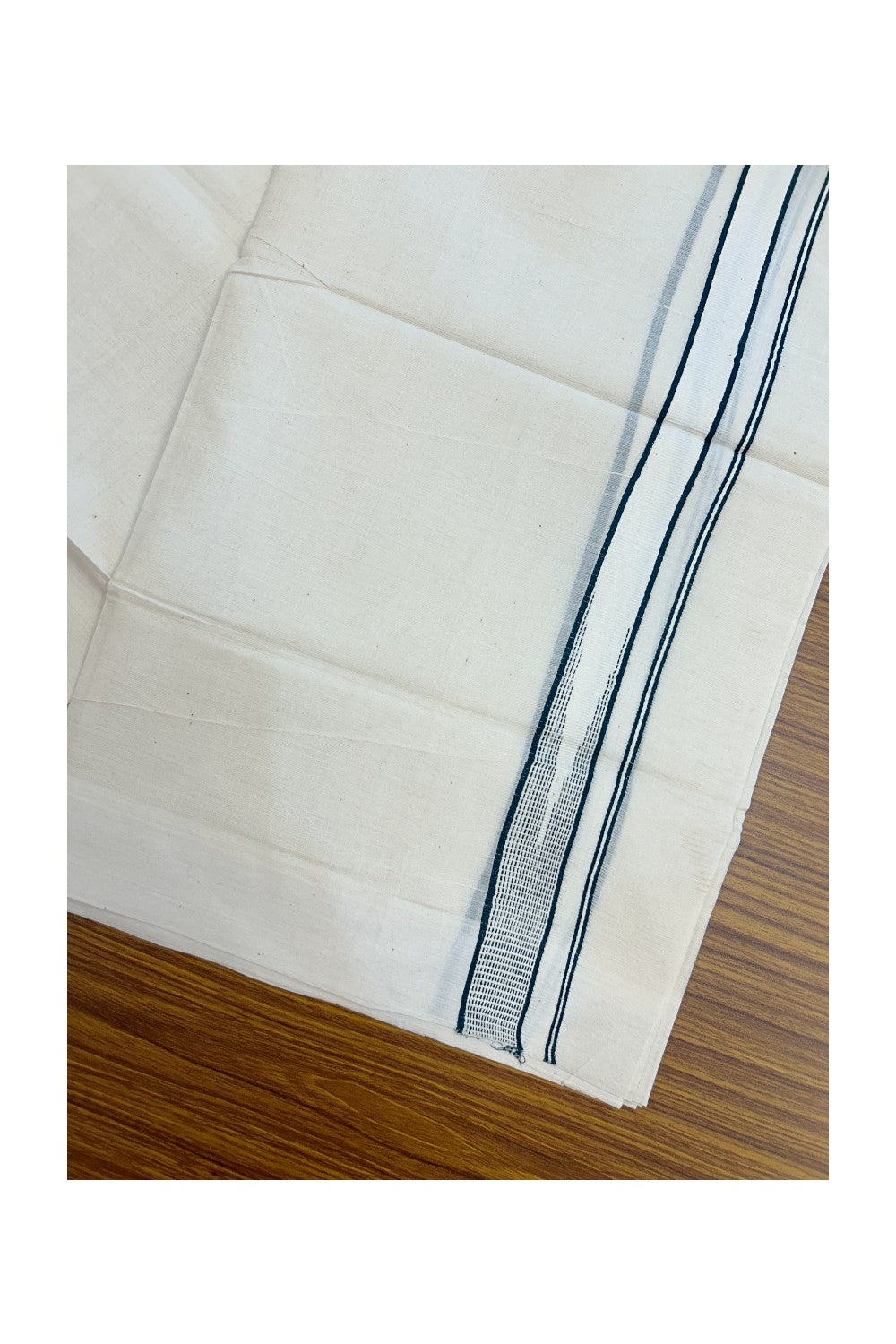 20% Discount ! Kaitharikada Balaramapuram 100% Cotton Double Off white (Unbleached) Mundu/Dhoti - 100x80 - 0.75 inch Dark Green Stripes Chutty Kara - 13KK5186CKS