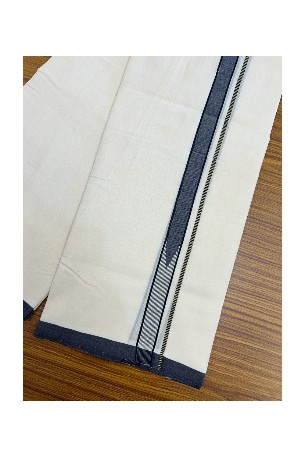 25% DISCOUNT!! KaithariKada HANDLOOM UNAKKUPAAV Balaramapuram - 100% PURE Cotton OFF White - (Unbleached) Double Mundu/Dothi - 80X100 - 1 inch Gold Kasavu Puliyilakkara Navy blue & White striped chutty 3.80 meter (8.5 Muzham) - 13KK5209 REA