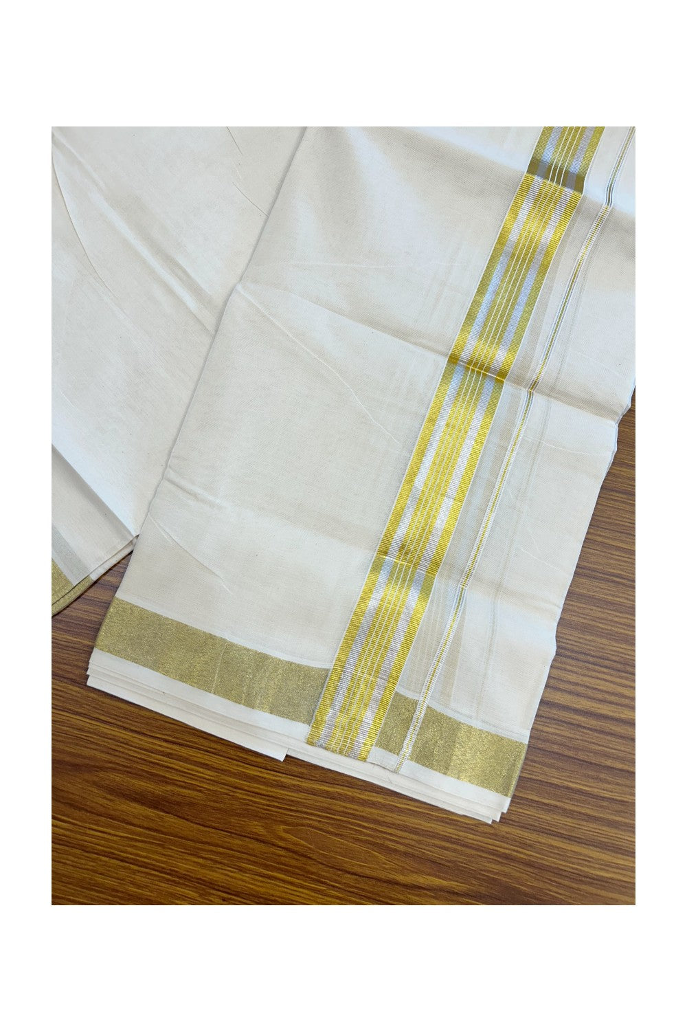 20% DISCOUNT ! KaithariKada Balaramapuram - 100% PURE Cotton Off White - (Unbleached) Double Mundu/Dhoti - 100X80 - 1.5 inch Gold Kasavu & Silver Kasavu Striped Kara - 13KK5212 VIN