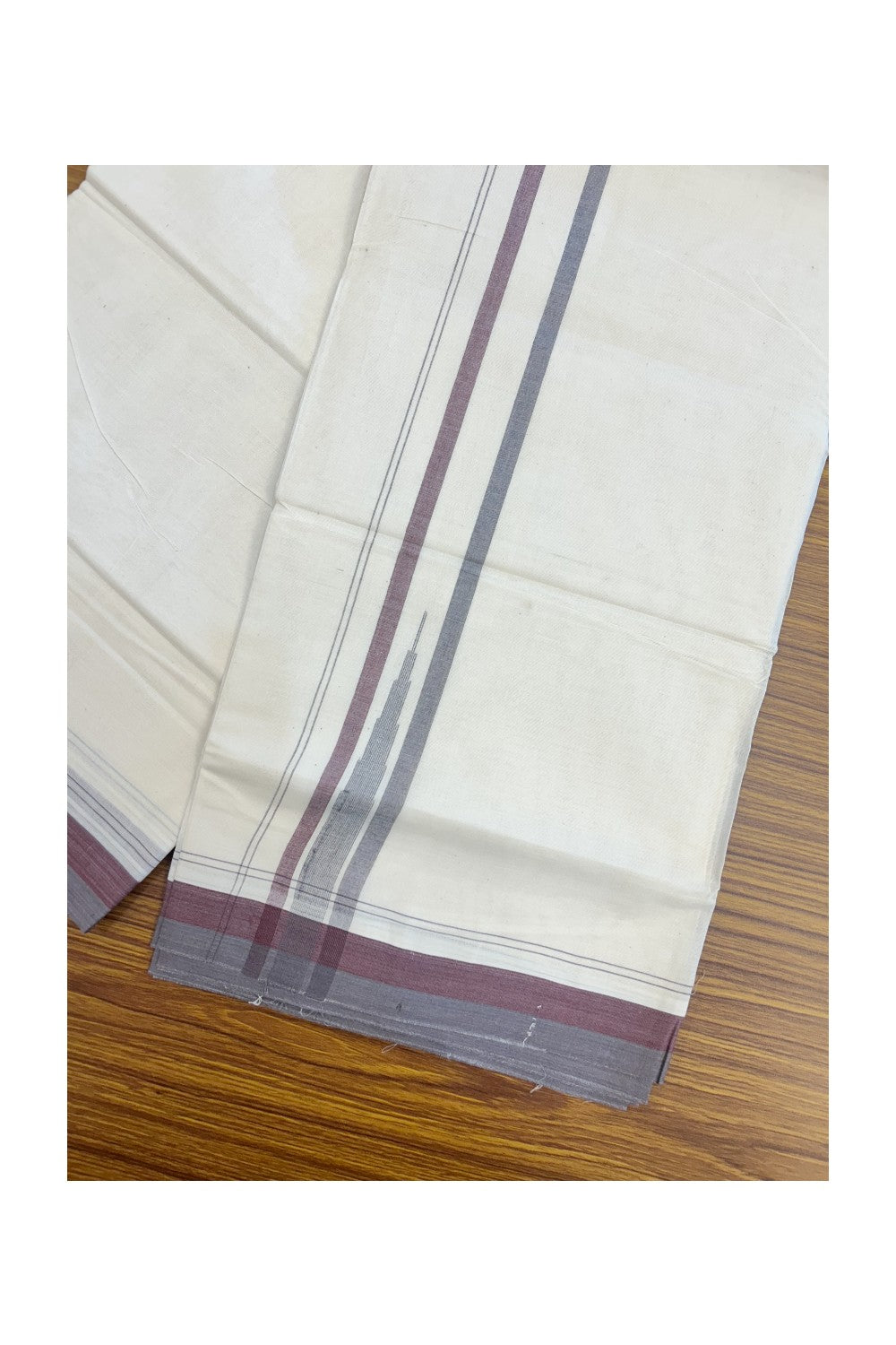 20% Discount!!! KaithariKada Balaramapuram Double OFF WHITE - (Unbleached) Mundu/Dhoti - 100x80 - 1.75 inch Purple Ash & Grape Vine Shaded Puliyilakkara Striped Chutty - 13KK5213 VIN