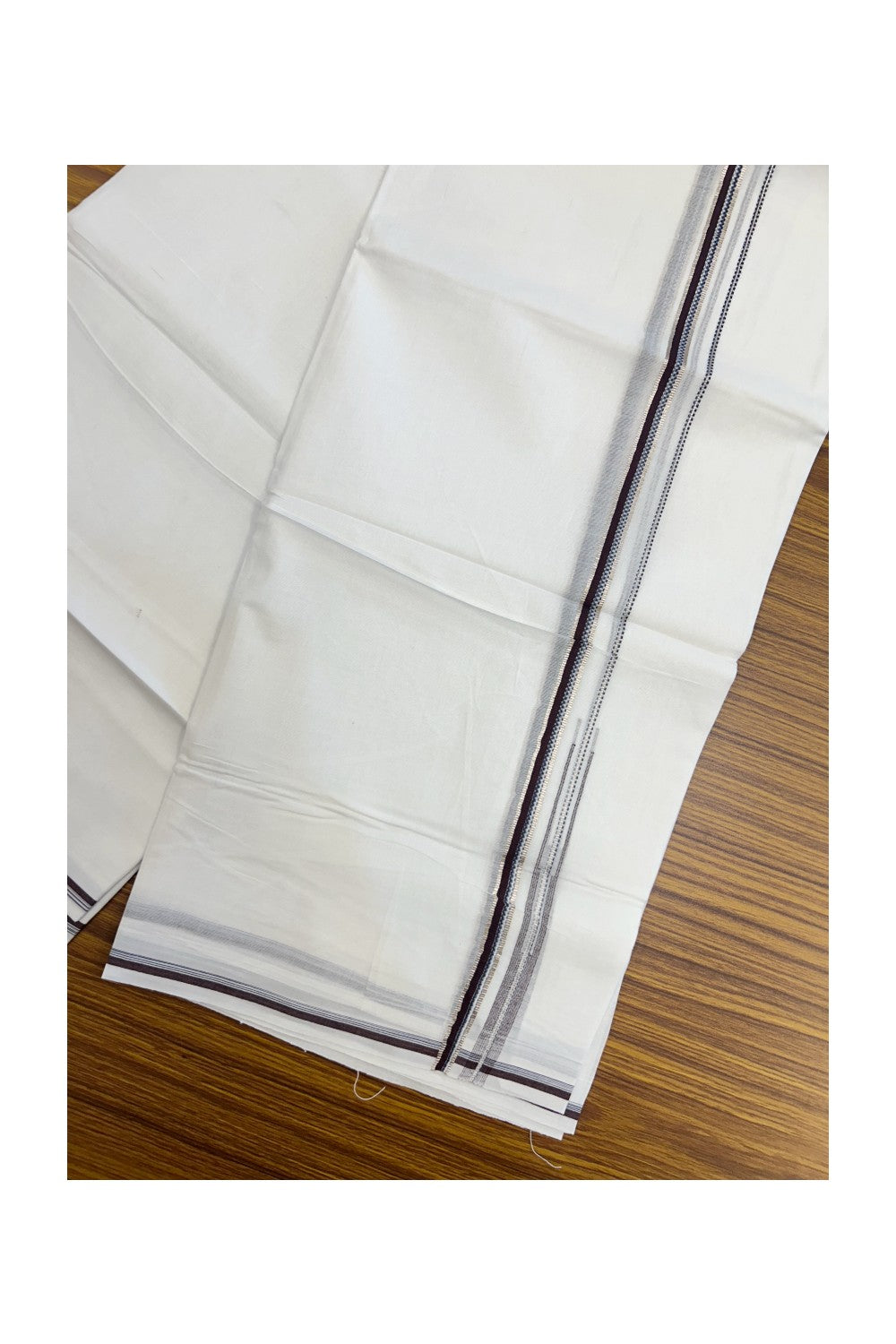 20% Discount !! Kaitharikada Balaramapuram 100% Cotton PURE WHITE DOUBLE Mundu/Dothi- 100X80 - 0.25 inch Silver Kasavu Wine Marron & Navy Blue Design Chutty Kara - 13KK5217 CKS