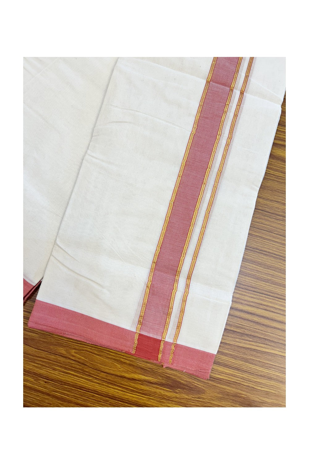 NEW !! 20% DISCOUNT!! KaithariKada Balaramapuram 100% Cotton Double Off white - (Unbleached) Mundu/Dhoti-100x80 - 1.5 inch Gold Kasavu & Brick Red Shaded Striped KARA - 3.75 mtr (8 Muzham) - 13KK5218 ASH