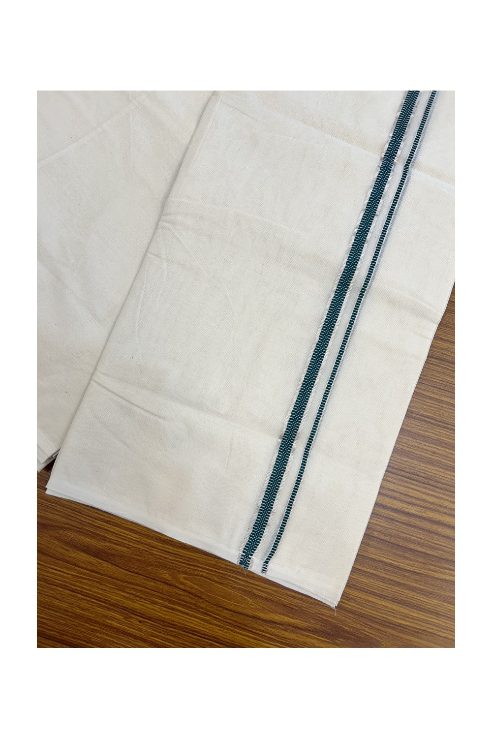20% Discount KaithariKada Balaramapuram 100% Cotton Double Off white - (Unbleached) - Mundu/Dhoti - 100x100 - 1.5 cm Silver Kasav & Green Design Kara - 13KK5226 ASH