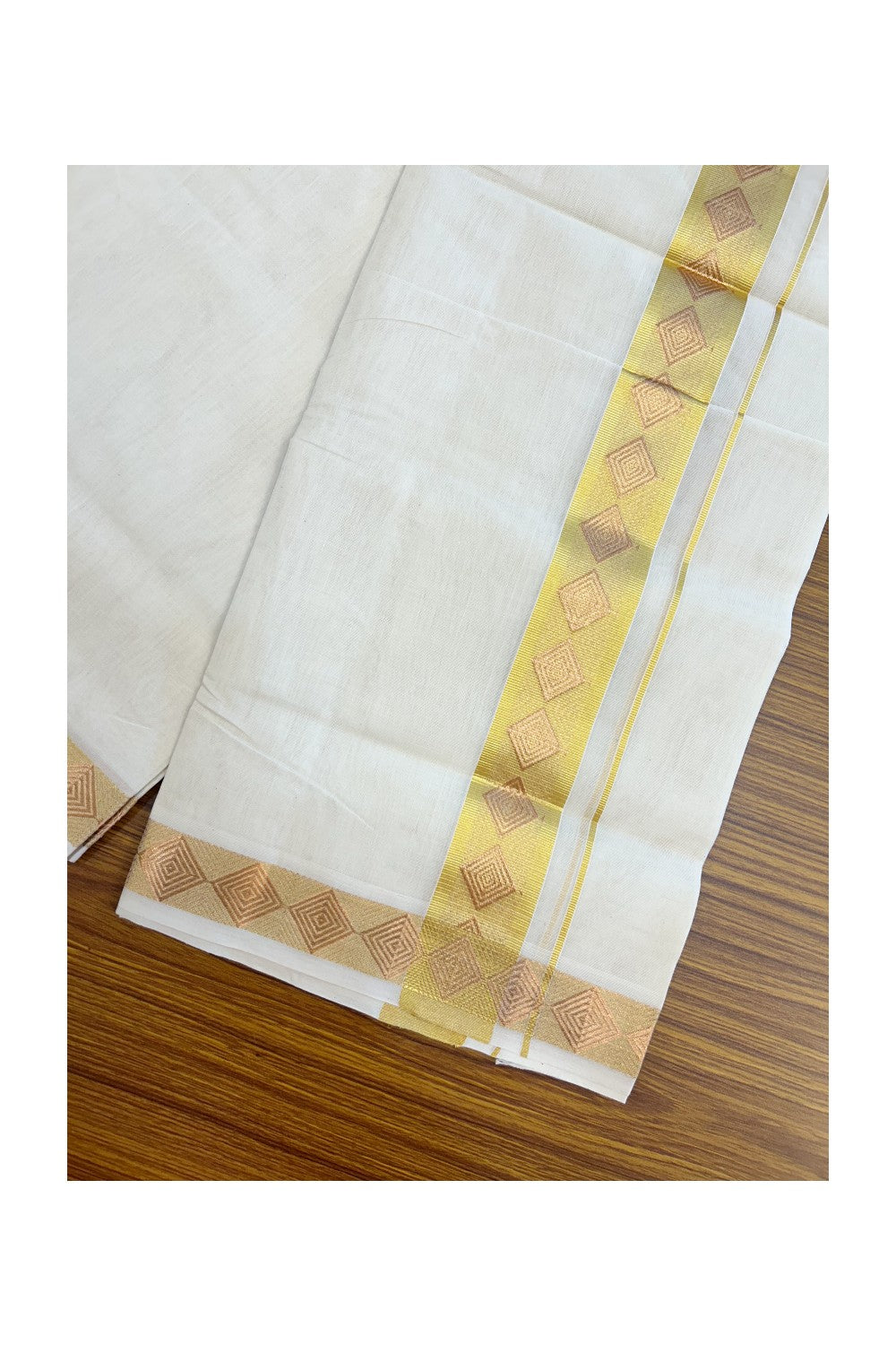 25% DISCOUNT ! KaithariKada HANDLOOM Unakkupaav Balaramapuram - 100% PURE Cotton OFF WHITE - (Unbleached) Double Mundu/Dhoti - 80x90 - 1.75 inch Gold Kasavu & Copper Jacquard Design Kara 4 mtr (8.5 Muzham) - 12KK5231 ABH