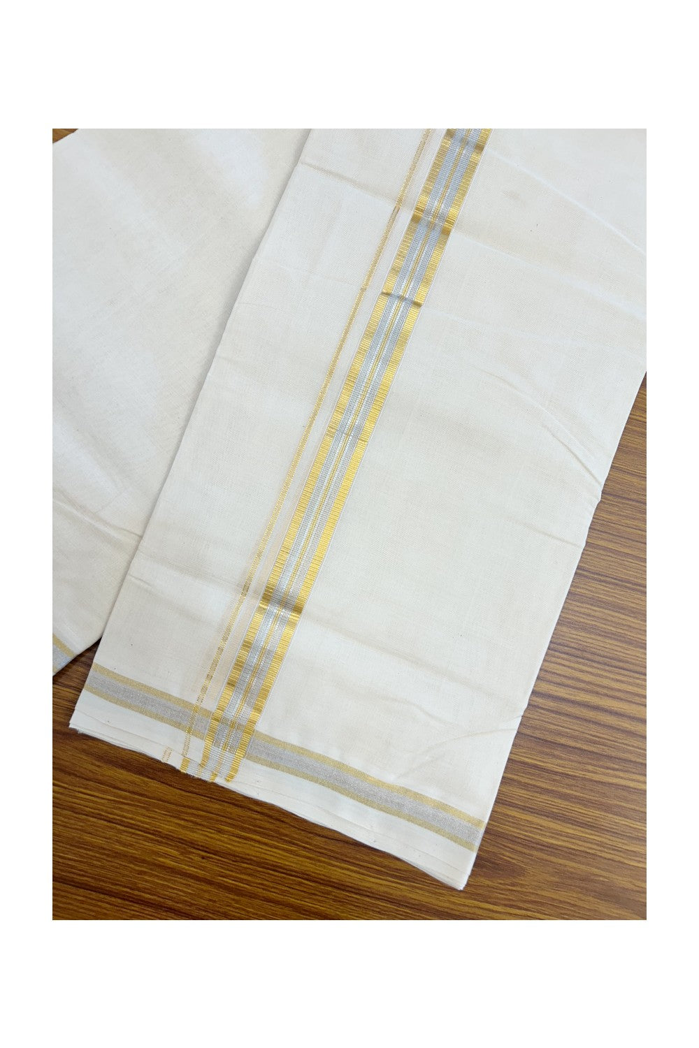 25% DISCOUNT ! KaithariKada HANDLOOM MILLPAAV Balaramapuram - 100% PURE Cotton Off White - (Unbleached) Double Mundu/Dhoti - 80X90 - 1 inch Gold Kasavu & Silver Kasavu Stripes Kara 4 mtr (8.5 muzham)- 13KK5234 RAM