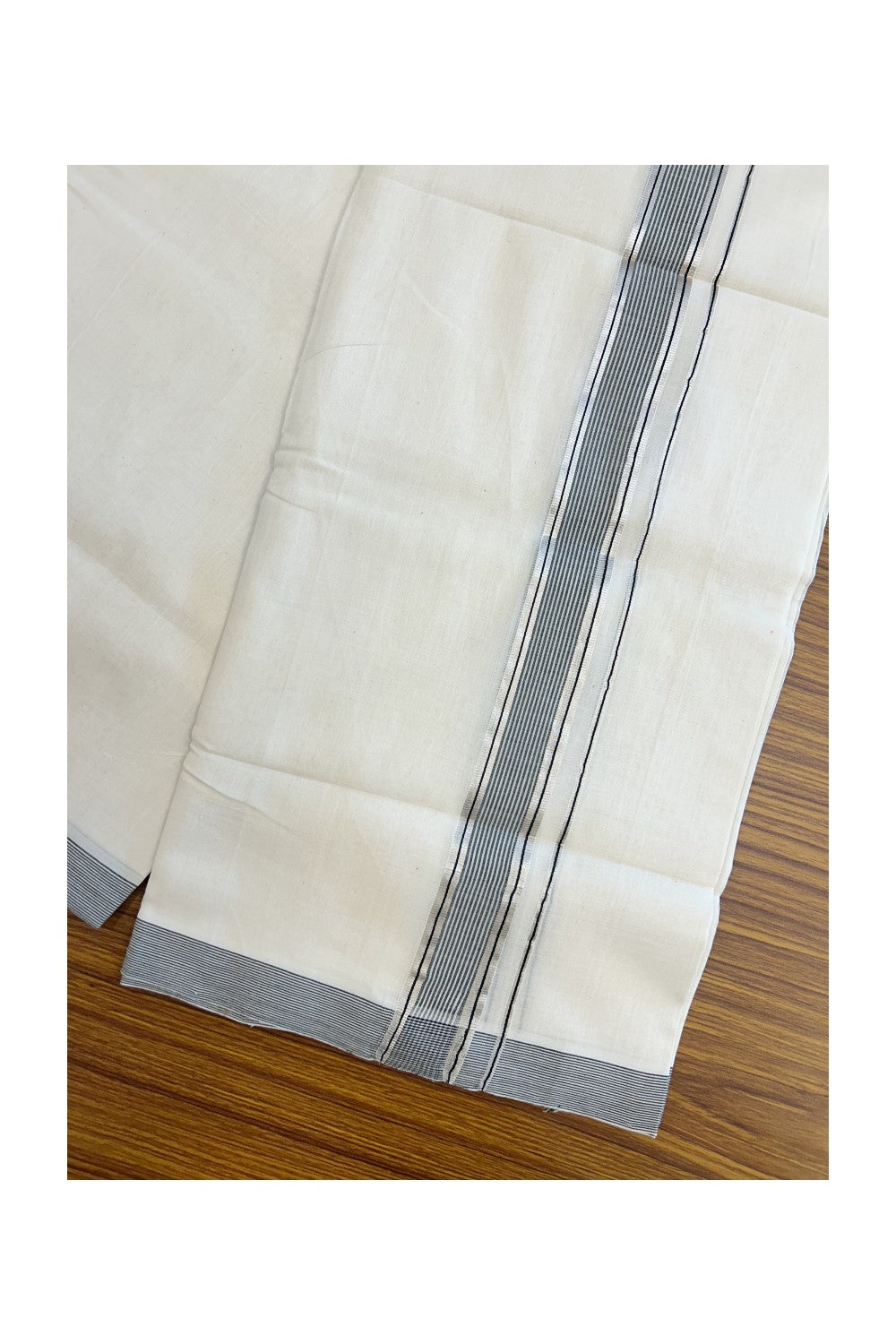 25% Discount!!! KaithariKada HANDLOOM UNAKKUPAAV Balaramapuram - 100% PURE Cotton OFF WHITE (Unbleached) Double Mundu/Dhoti - 80x90 - 1.25 inch Silver kasavu Black & White stripes kara 4 Mtr (8.5 Muzham) - 13KK5235 YAR