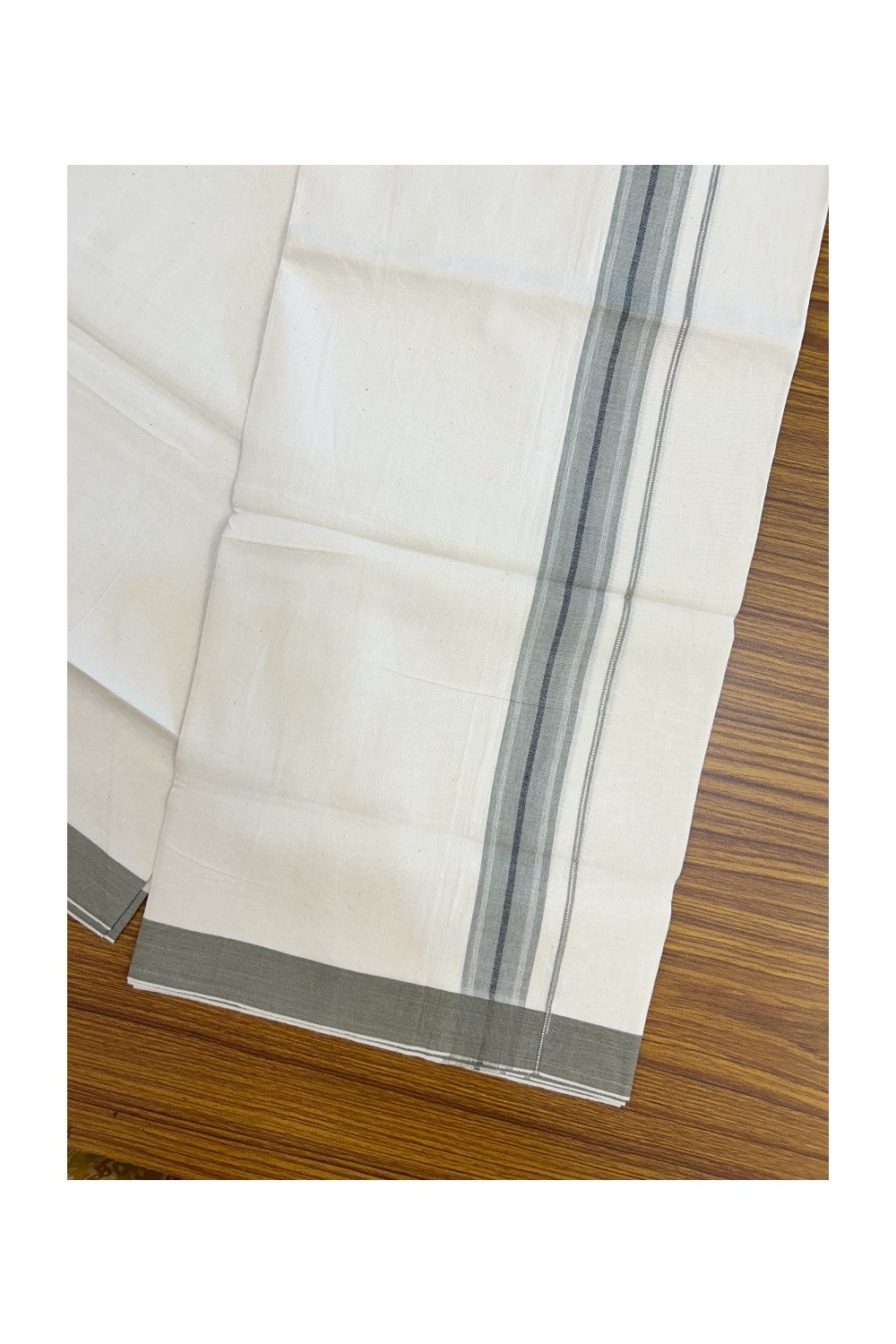 24% Discount !! KaithariKada Balaramapuram 100% Cotton OFF WHITE (Unbleached) Single Mundu/Dhoti - Twisted 60s Thread - 1.25 inch Silver kasavu Dark Greyish brown shaded Black striped Kara (2 meter / 4 muzham) - 43KK5241 GL
